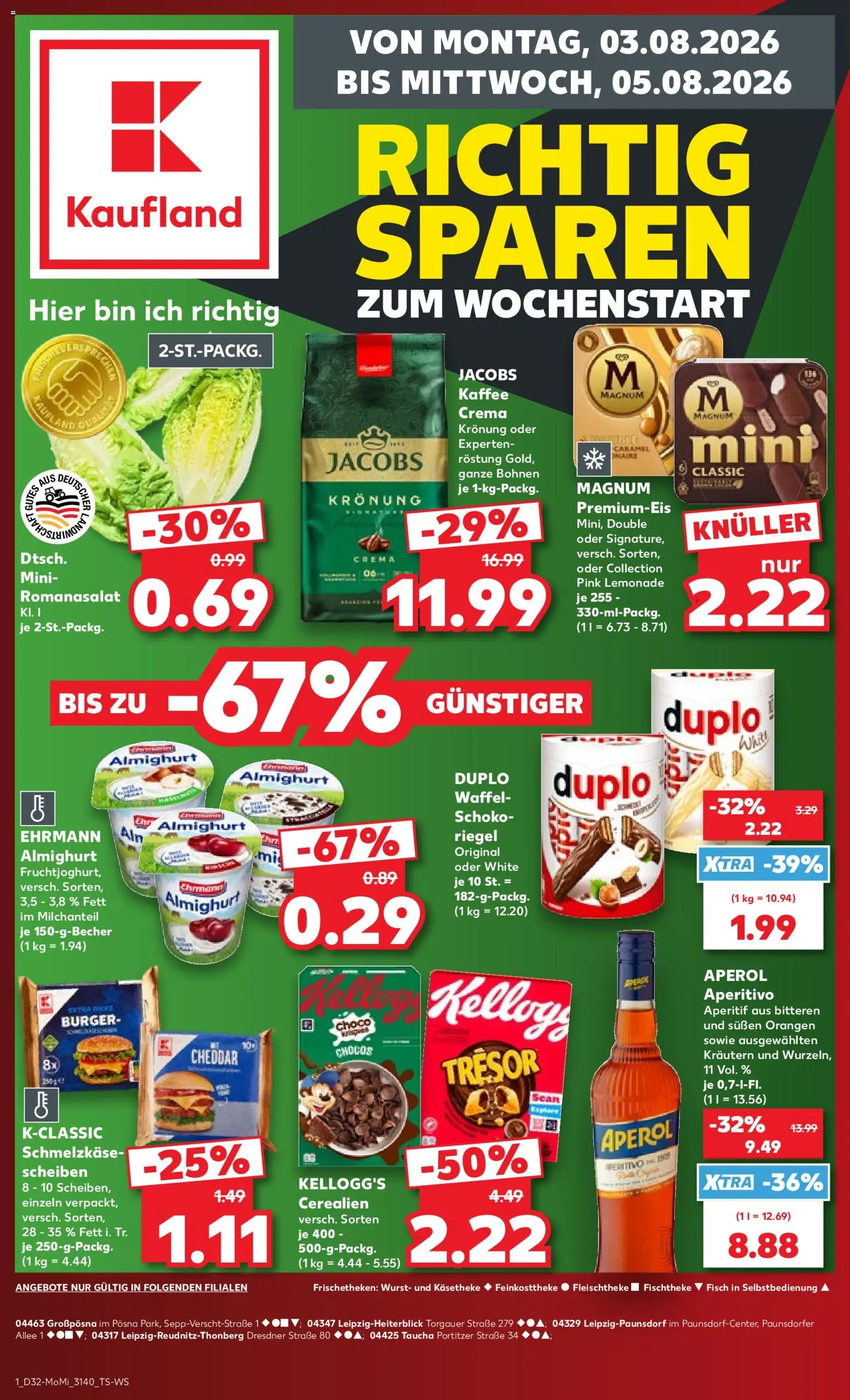 Vorschau von dem Prospekt des Geschäftes Kaufland, gültig ab dem 03.08.2026 - Burger, Kaffee, Fisch, Wurst, Aperol, Kellogg's, Orangen, Ehrmann almighurt