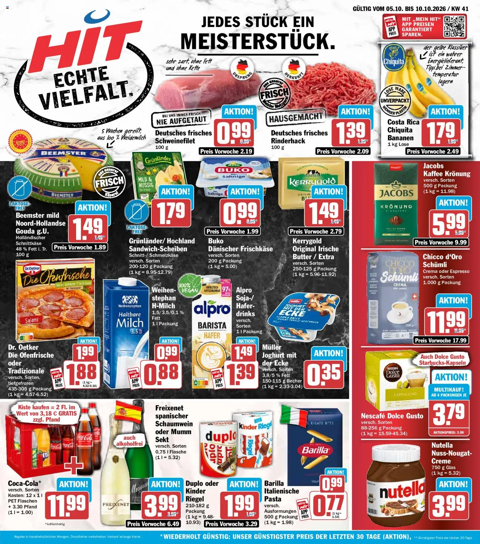 Vorschau von dem Prospekt des Geschäftes HIT, gültig ab dem 05.10.2026 - Kaffee, Pasta, Nutella, Joghurt, Creme, Ofenfrische, Frischkase, Grunlander