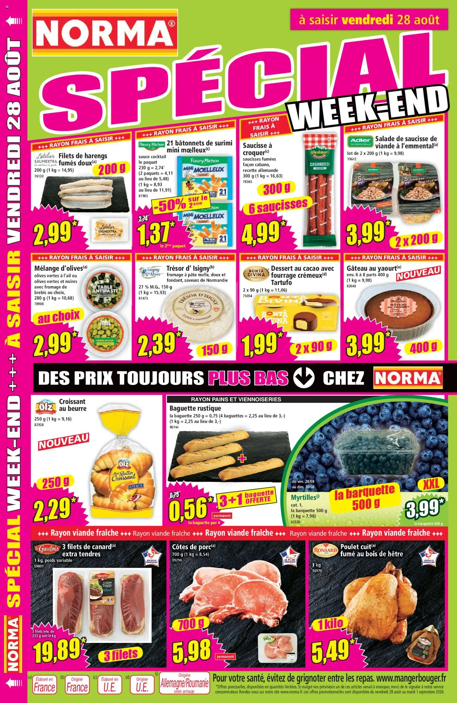Prévisualisation de Norma catalogue du magasin Norma formulaire valide 26/08/2026 - Fromage, Dessert, Myrtilles, Baguette, Pâte, Olives, Saucisses fumées, Baguette rustique