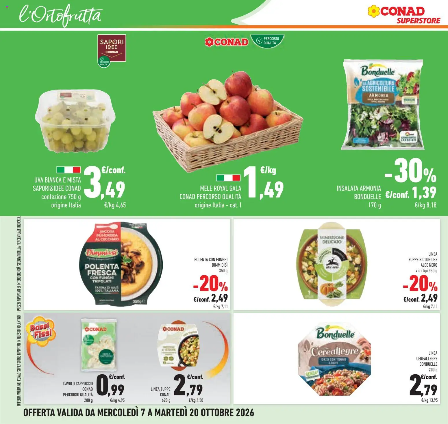 Anteprima dell'opuscolo Conad volantino Superstore Lombardia dal negozio Conad valido da 07/10/2026 - Funghi, Insalata, Cavolo, Tonno, Minestrone, Mele, Cappuccio, Zuppe