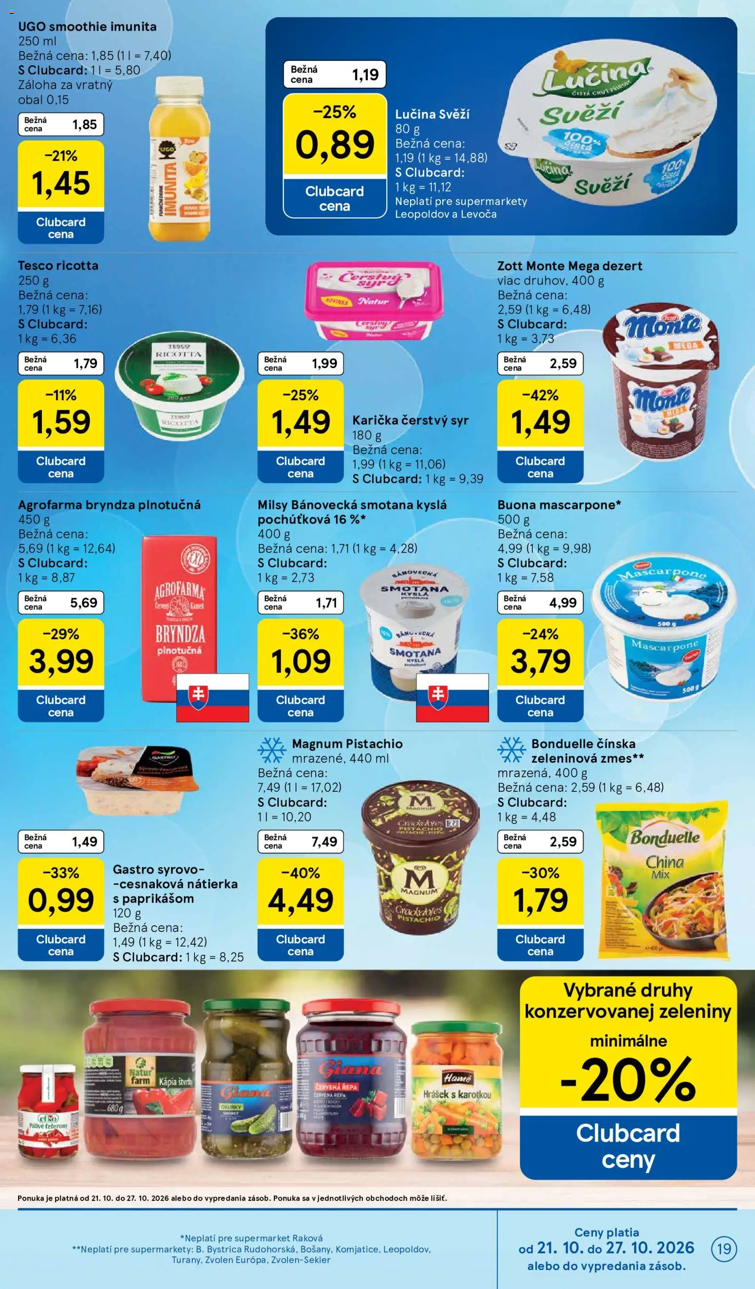 Náhľad Tesco letáku platného od 21.10.2026 - Syr, Mascarpone, Magnum, Repa, Červená repa, Nátierka, Kápia, Zeleninová zmes
