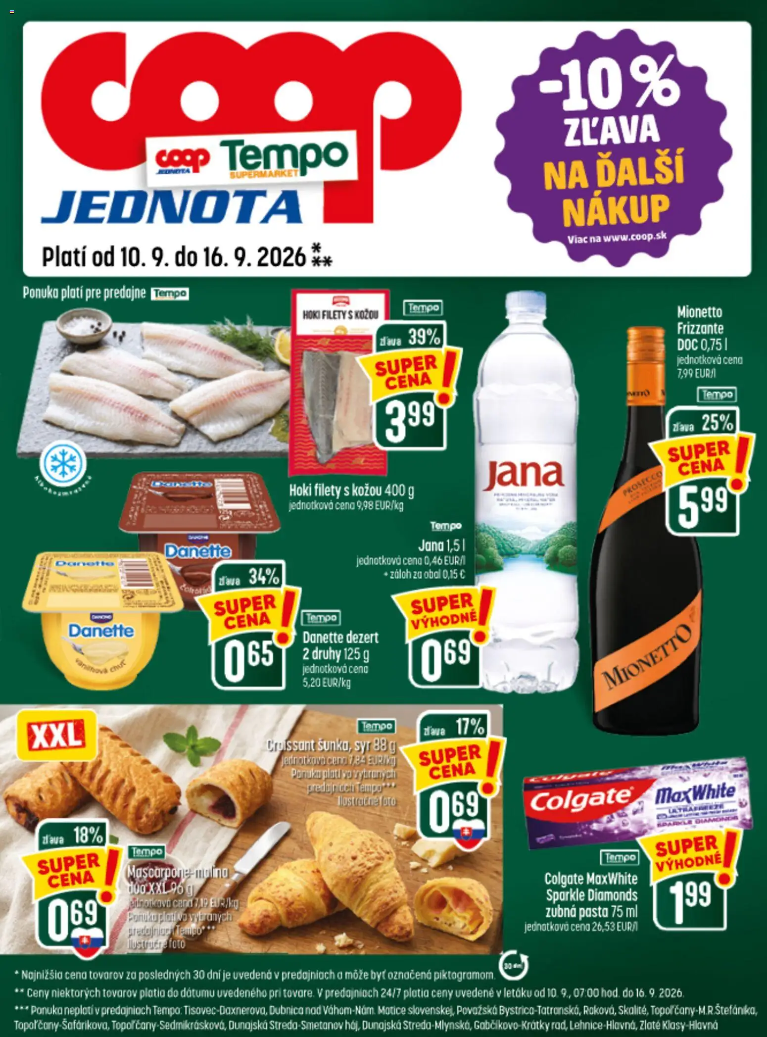 Náhľad COOP Jednota letáku platného od 10.09.2026 - Prosecco, Syr, Croissant, Dezert, Zubná pasta