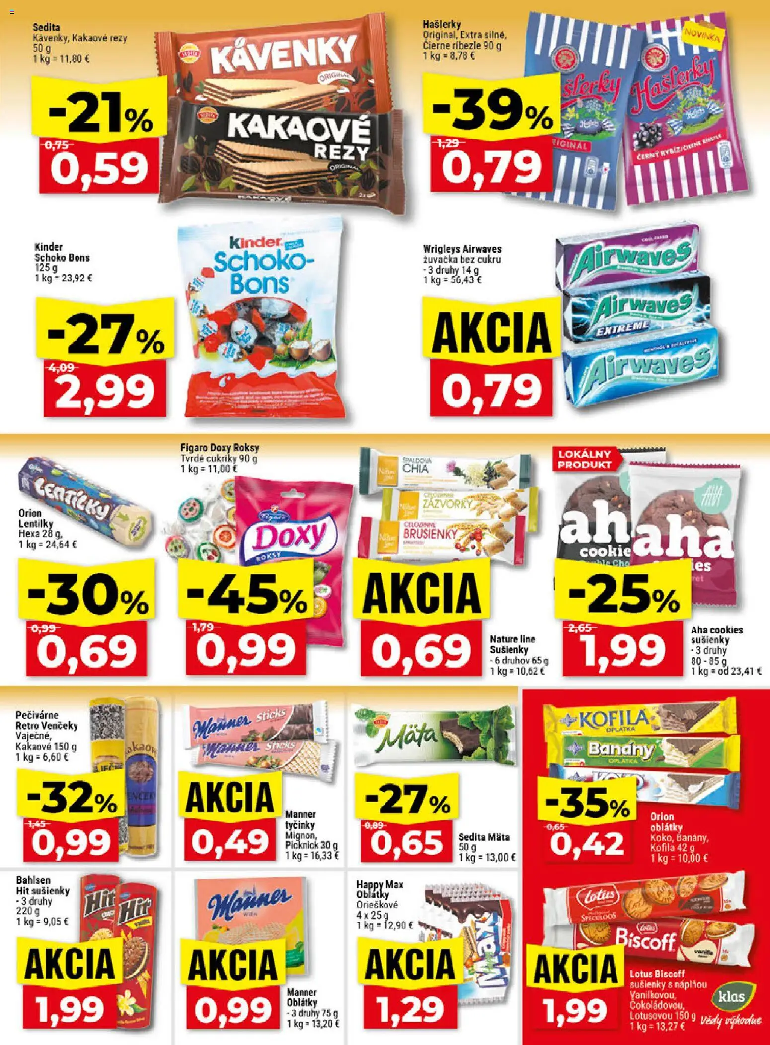 Náhľad Klas letáku platného od 12.10.2026 - Lotus, Kinder, Venčeky, Cukríky, Sušienky, Ríbezle, Oblátky, Banány