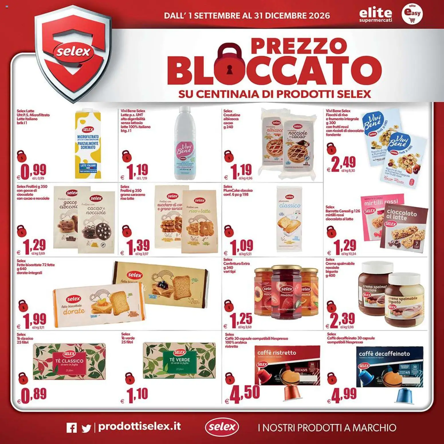 Anteprima dell'opuscolo Elite Supermercati volantino Spesa Difesa Selex dal negozio Elite Supermercati valido da 01/09/2026 - Zucchero, Latte, Plumcake, Mirtilli, Fiocchi, Tè verde, Tè, Crostatine