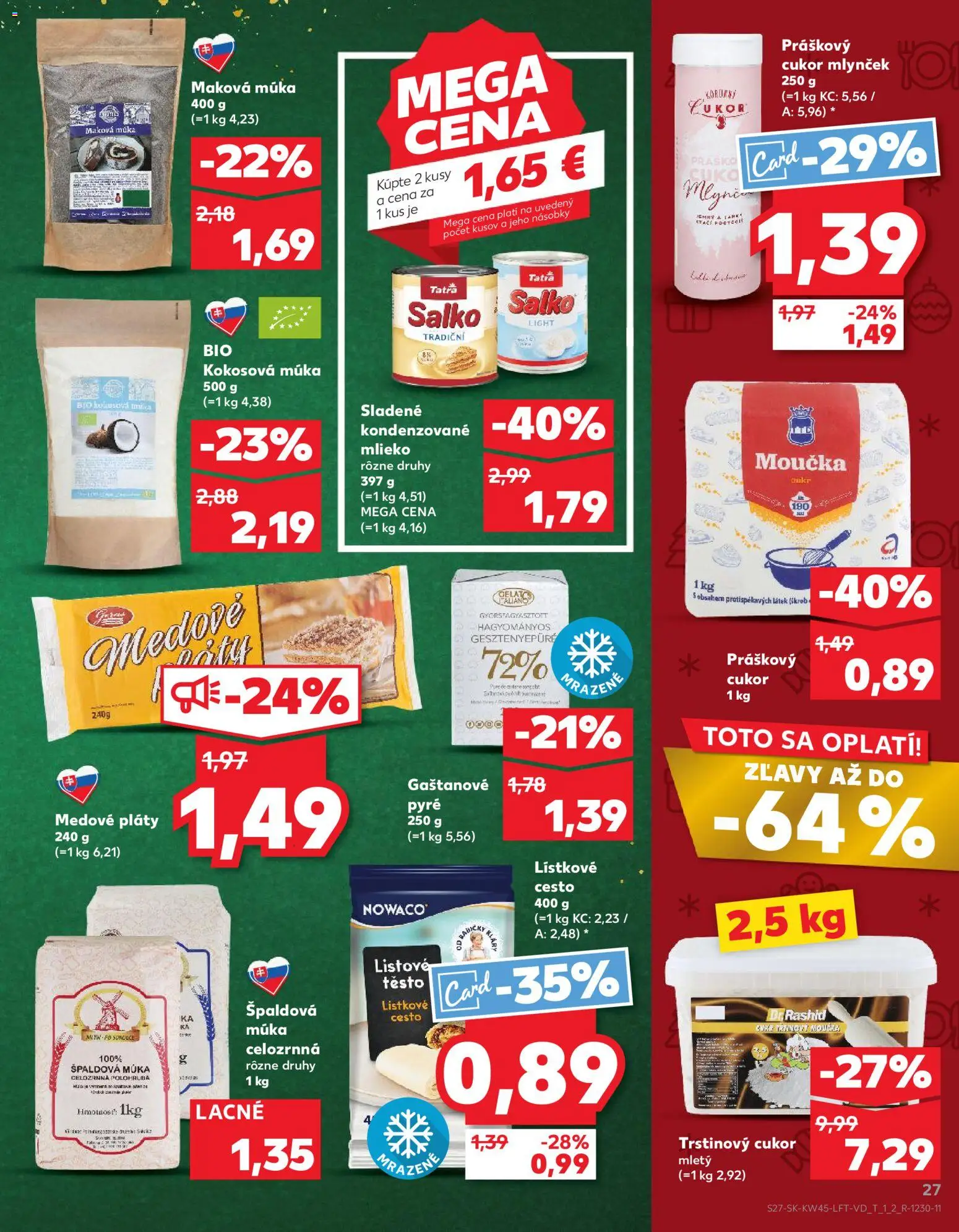 Náhľad Kaufland letáku platného od 06.11.2025 - Mlieko, Cukor, Salko, Špaldová múka, Lístkové cesto, Múka, Mlynček, Kokosová múka
