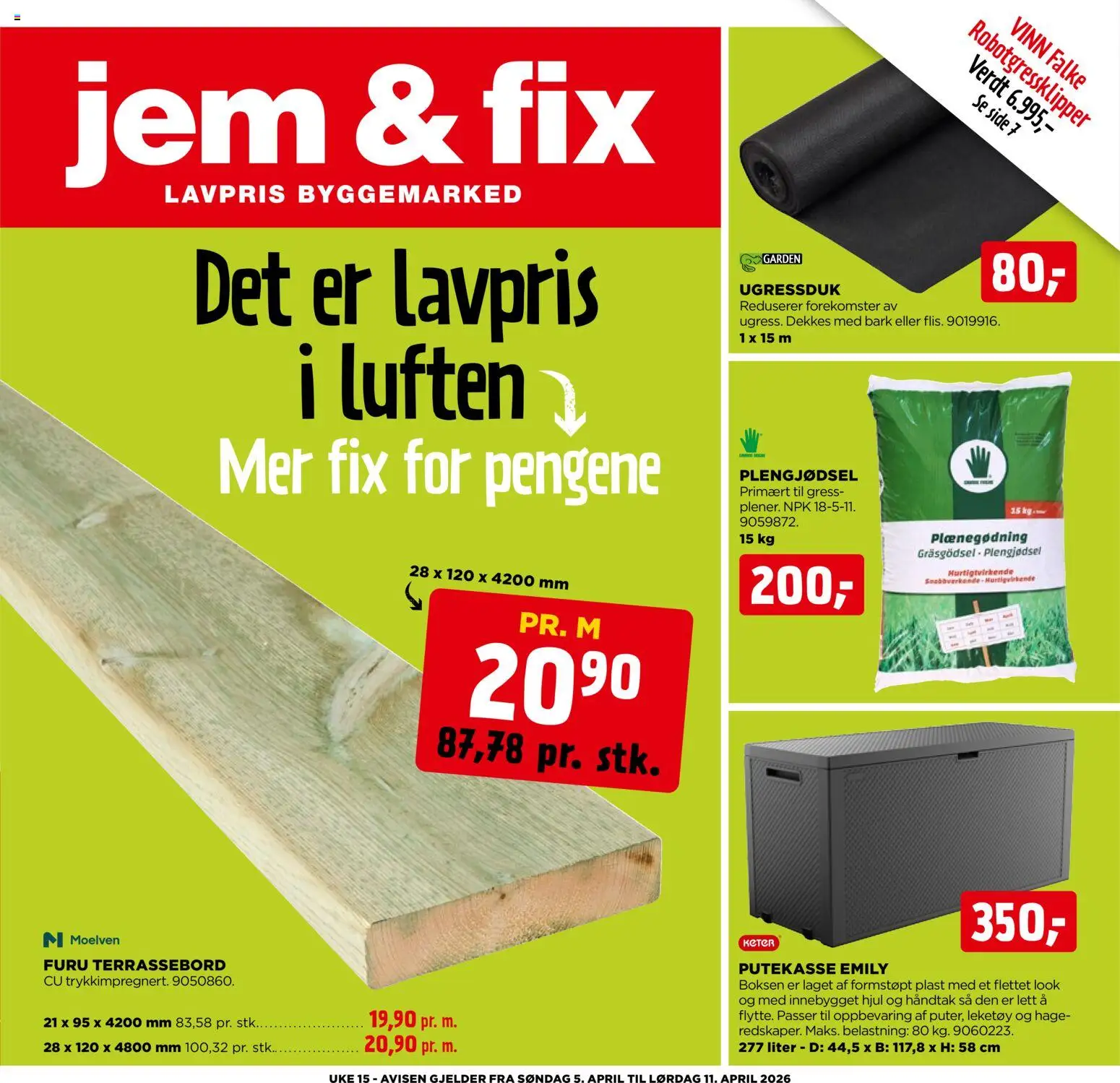 Forhåndsvis Jem & Fix kundeavis fra butikk Jem & Fix gyldig fra 04/04/2026 - Robotgressklipper, Putekasse, 1, Håndtak