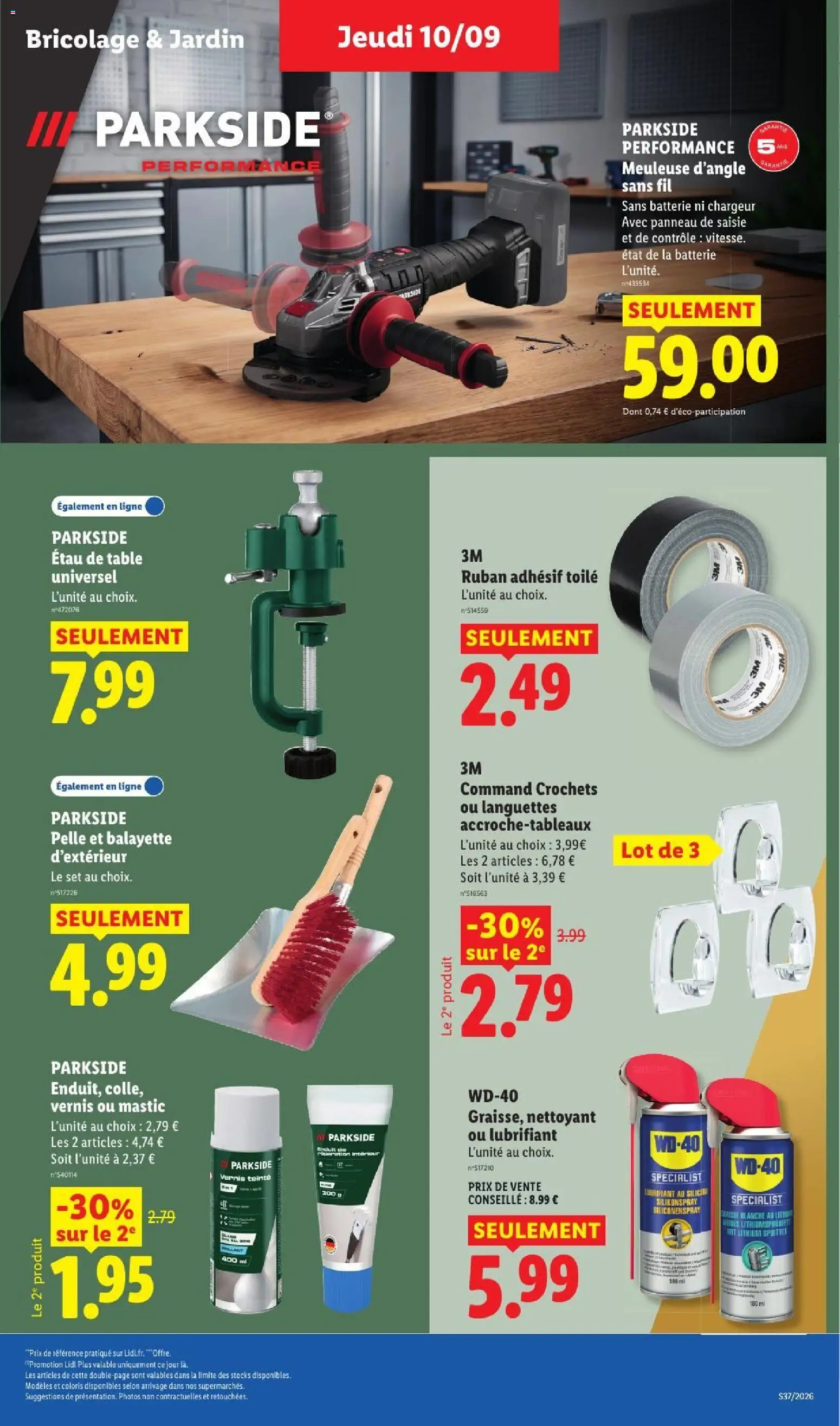 Prévisualisation de LIDL catalogue du magasin LIDL formulaire valide 10/09/2026 - Parkside, Batterie, Pelle, Pelle et balayette, Parkside etau, Meuleuse d'angle, Lubrifiant, Parkside performance meuleuse d'angle sans fil
