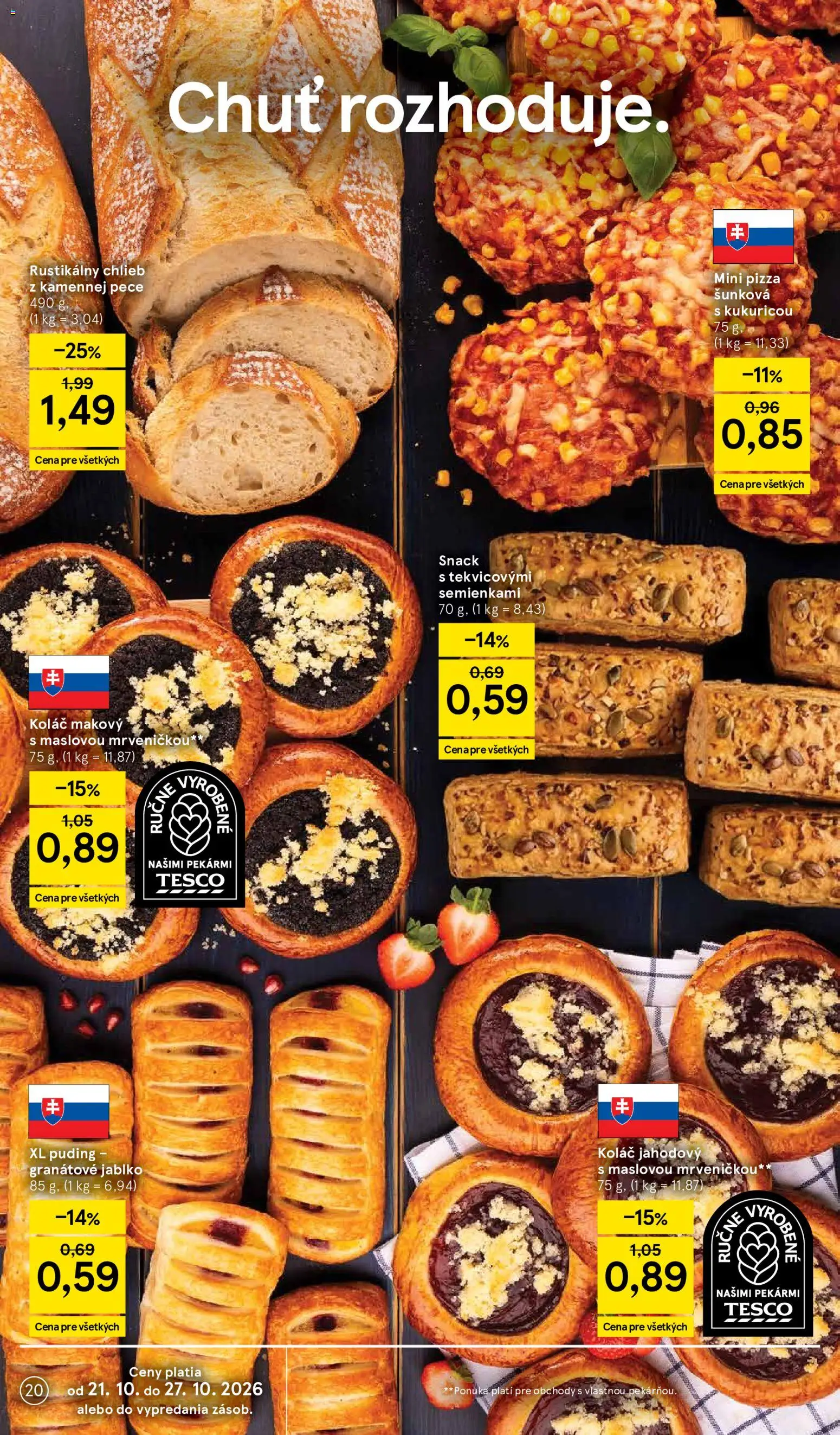 Náhľad Tesco letáku platného od 21.10.2026 - Pizza, Koláč, Chlieb, Puding, Granátové jablko