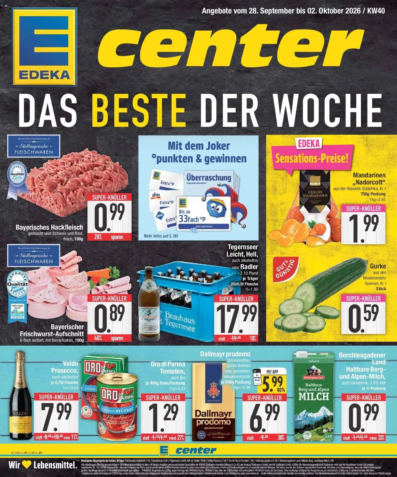 Vorschau von dem Prospekt des Geschäftes E center, gültig ab dem 28.09.2026 - Milch, Hackfleisch, Prosecco, Dallmayr, Tomaten, Radler, Dallmayr prodomo, Mandarinen