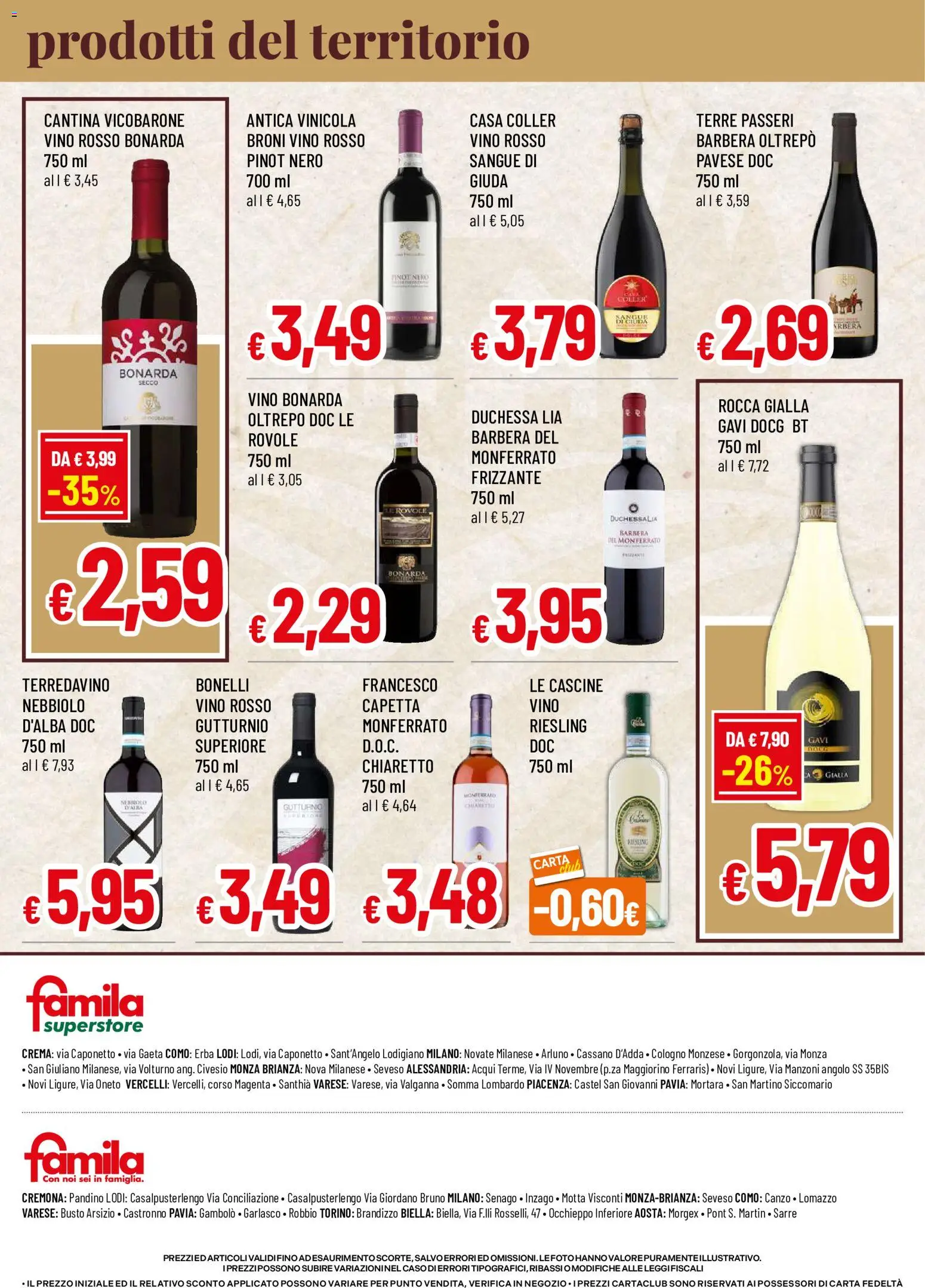 Anteprima dell'opuscolo Famila volantino Prodotti del Territorio dal negozio Famila valido da 29/10/2026 - Crema, Vino, Vino rosso