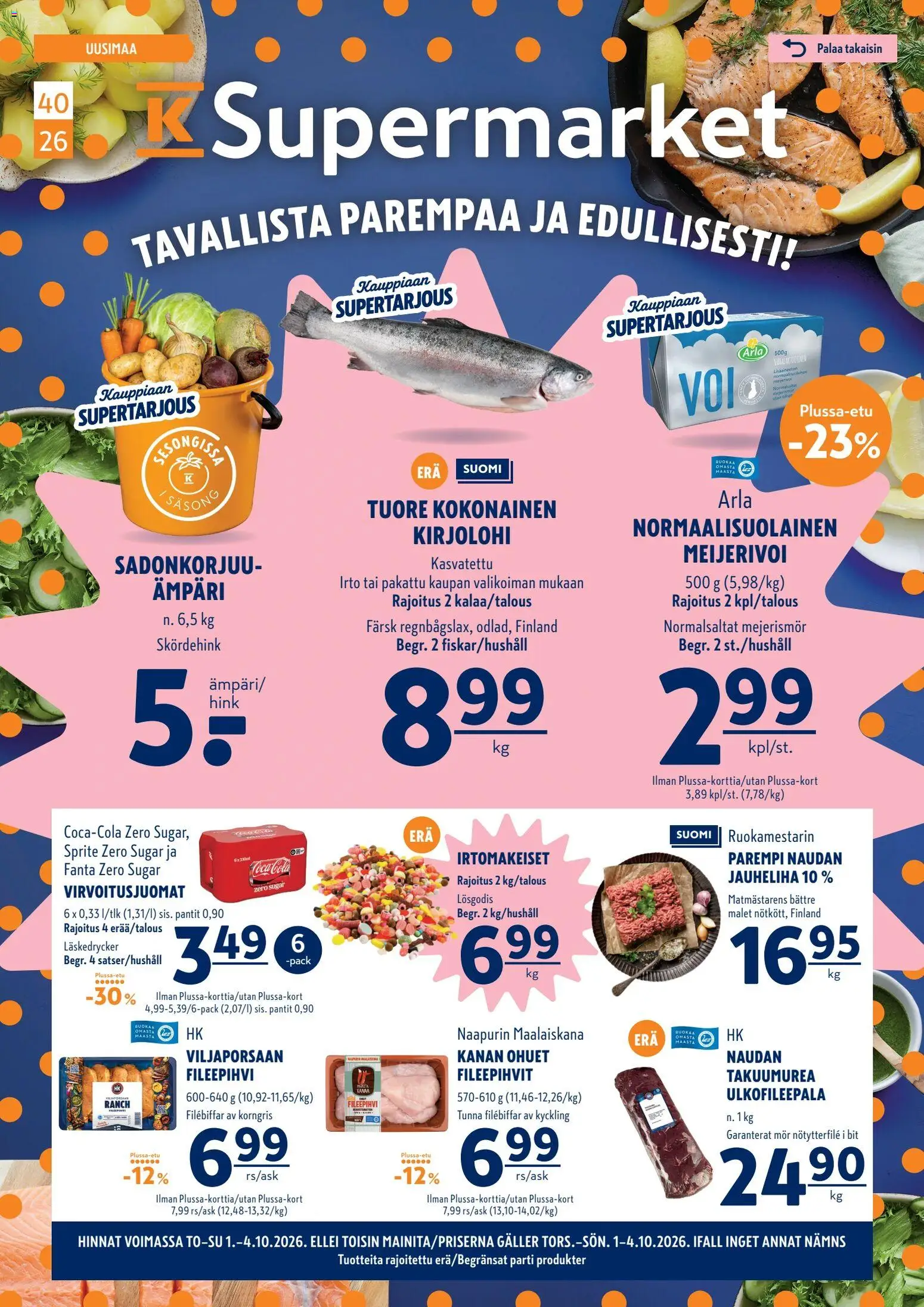 Kaupan K-Supermarket K-Supermarket tarjoukset esikatselu, voimassa 01/10/2026 - Coca cola, Jauheliha, Kirjolohi, Fanta, Ämpäri, Sprite, Kokonainen, Virvoitusjuomat
