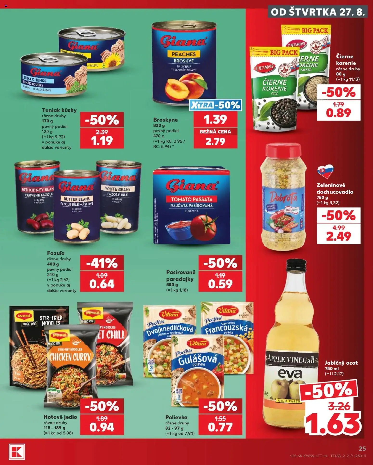 Náhľad Kaufland letáku platného od 27.08.2026 - Apple, Paradajky, Tuniak, Jablčný ocot, Fazuľa, Korenie, Ocot, Broskyne