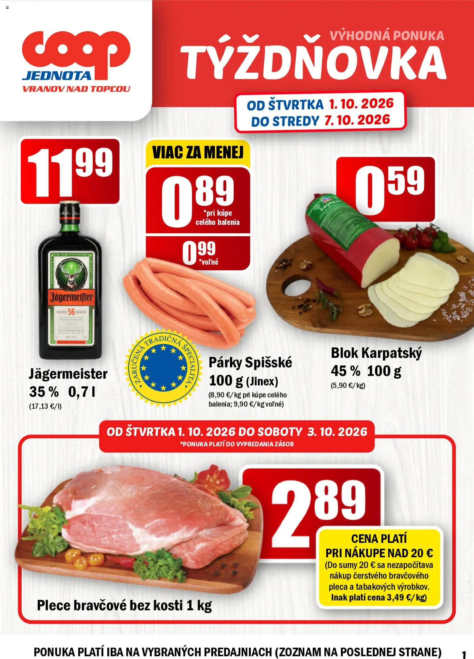 Náhľad COOP Jednota letáku platného od 01.10.2026 - Jägermeister, Párky