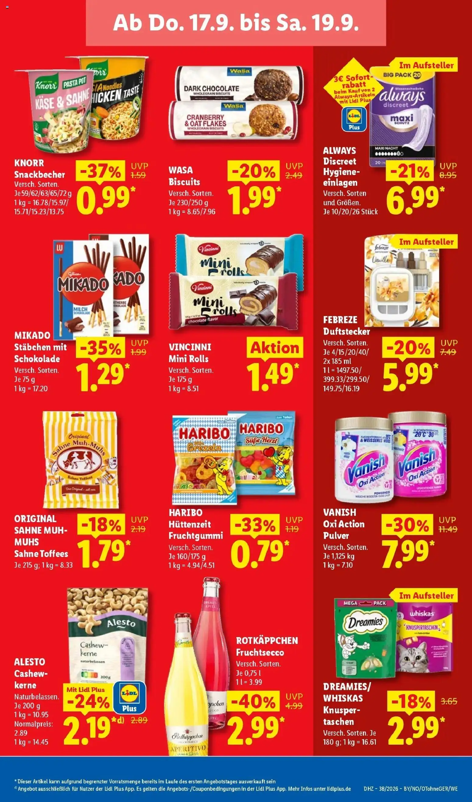 Vorschau von dem Prospekt des Geschäftes Lidl, gültig ab dem 14.09.2026 - Käse, Schokolade, Pasta, Äpfel, Milch, Rotkäppchen, Sahne, Knorr