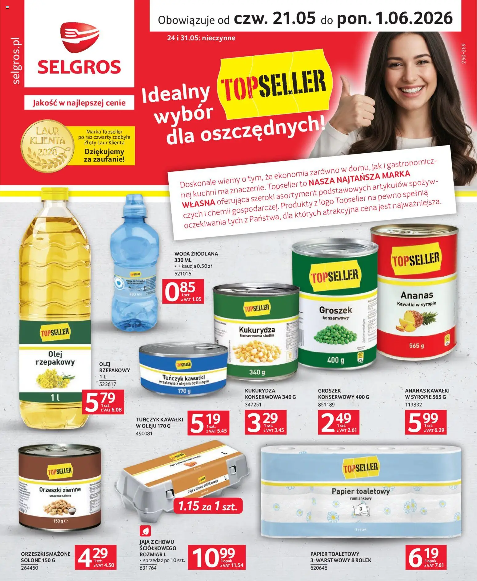 Pogląd gazetki "Selgros cash&carry gazetka - Topseller" ze sklepu Selgros cash&carry ważnej od 21.05.2026 - Groszek, Woda, Papier toaletowy, Tuńczyk, Orzeszki ziemne, Orzeszki, Jaja, Woda źródlana