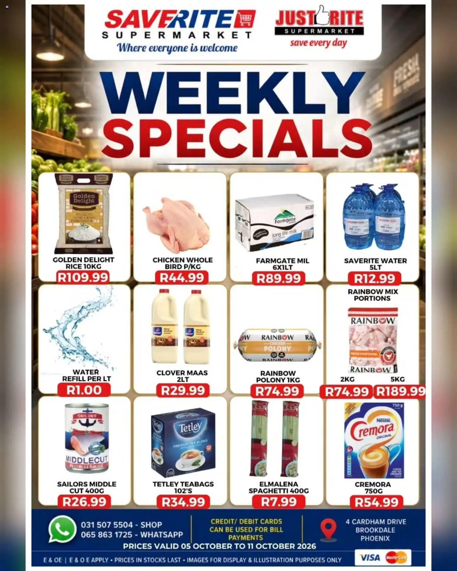 Preview of Saverite flyer valid from 05/10/2026 - Water, Chicken, Tea, Milk, Rice, Spaghetti, Polony, Sauce