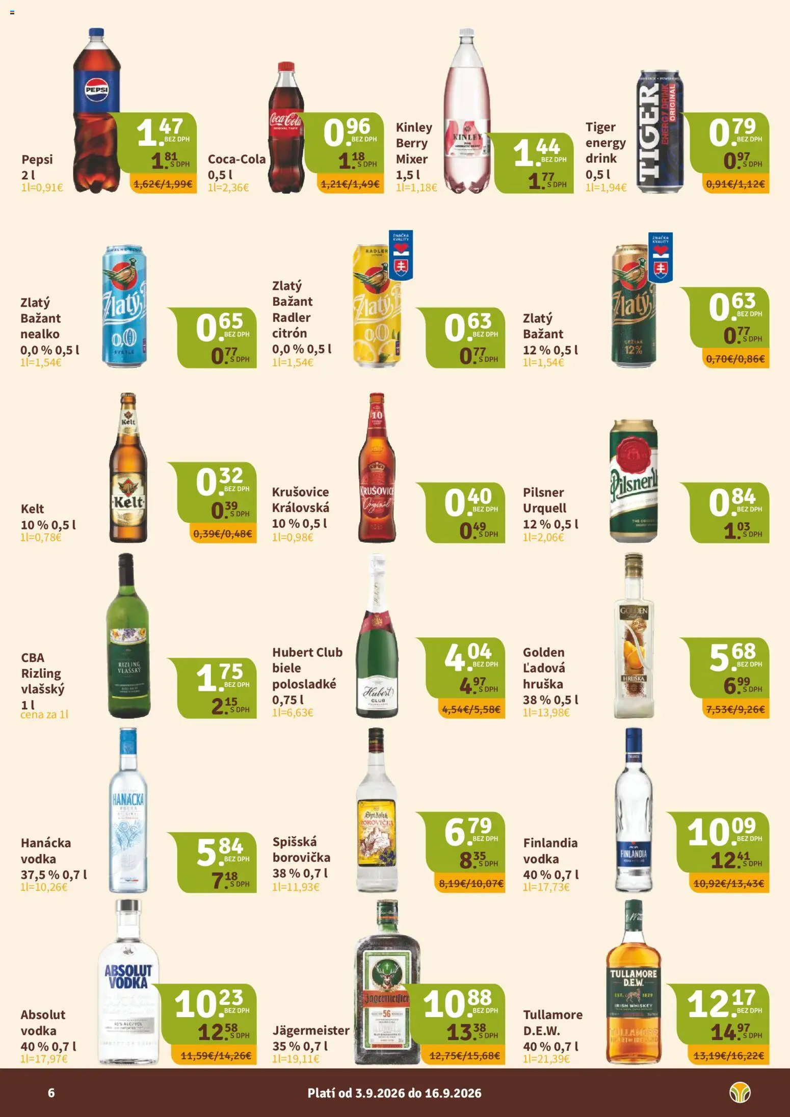 Náhľad Nitrazdroj letáku platného od 03.09.2026 - Coca cola, Borovička, Absolut vodka, Krušovice, Radler, Mixér, Kelt, Zlatý Bažant