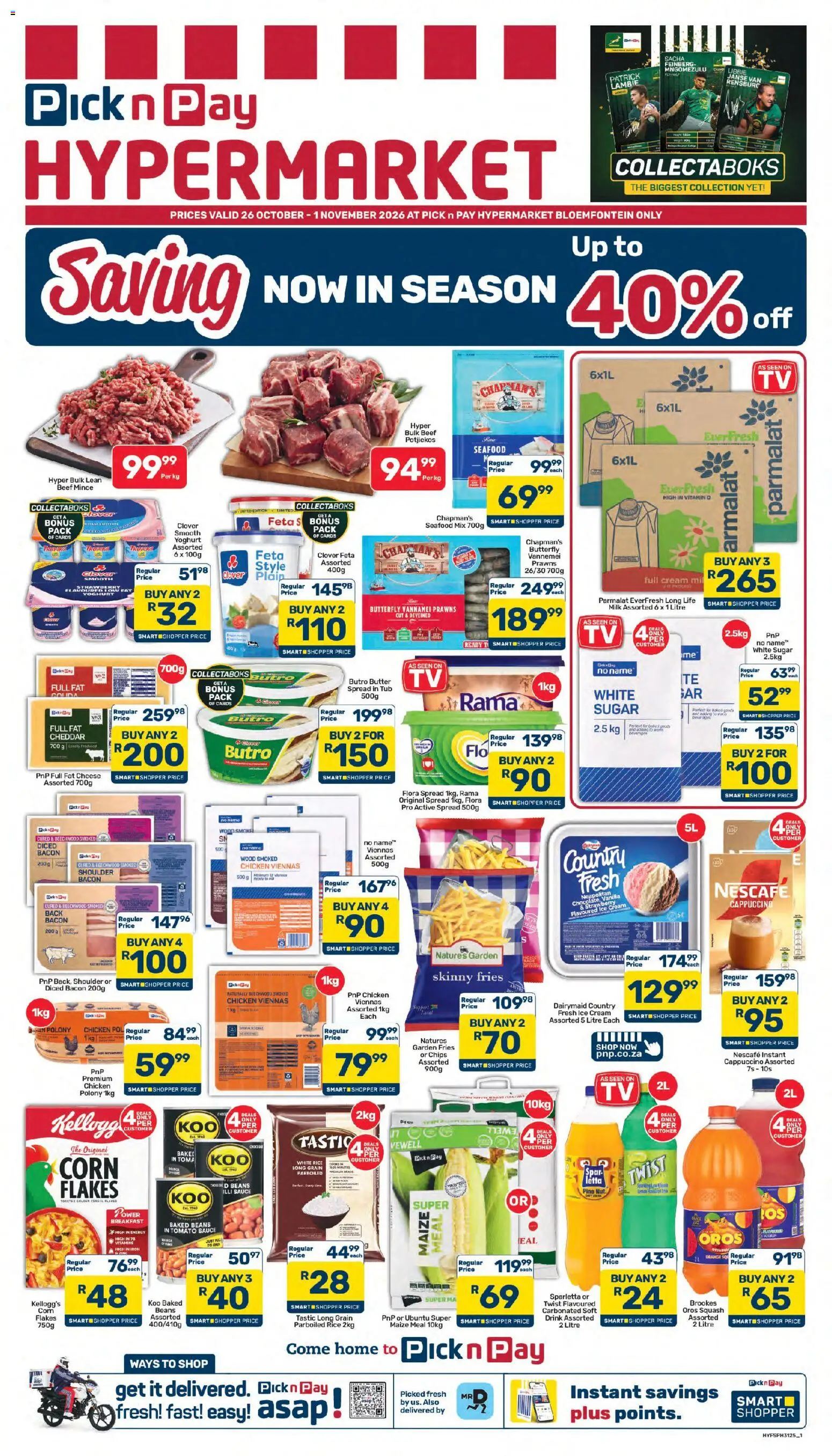 Preview of Pick n Pay flyer valid from 26/10/2026 - Seafood, Peach, Beef, Baked beans, Vanilla, Sauce, Flakes, Cheddar