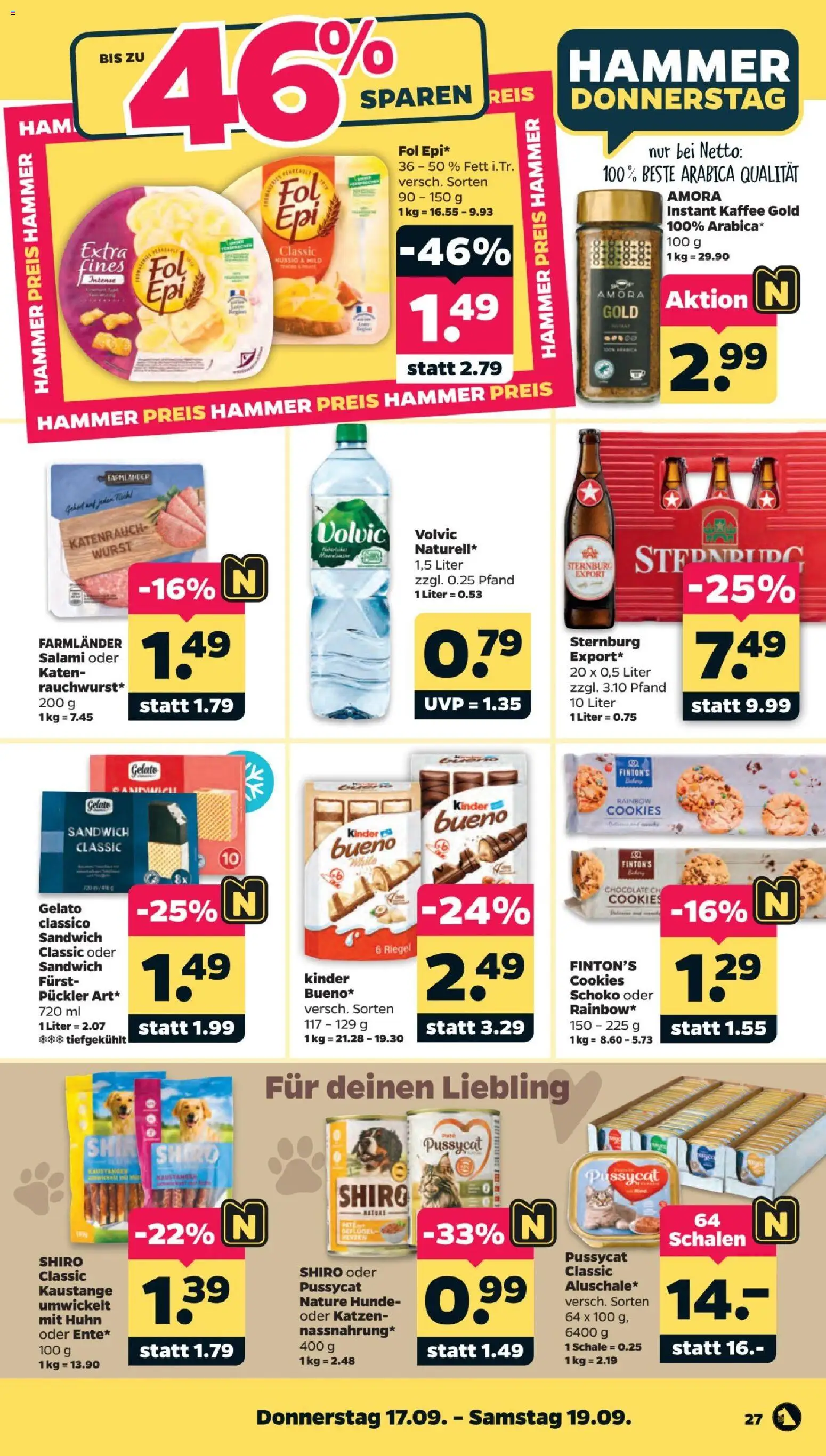 Vorschau von dem Prospekt des Geschäftes Netto, gültig ab dem 14.09.2026 - Kaffee, Wurst, Reis, Tisch, Salami, Volvic