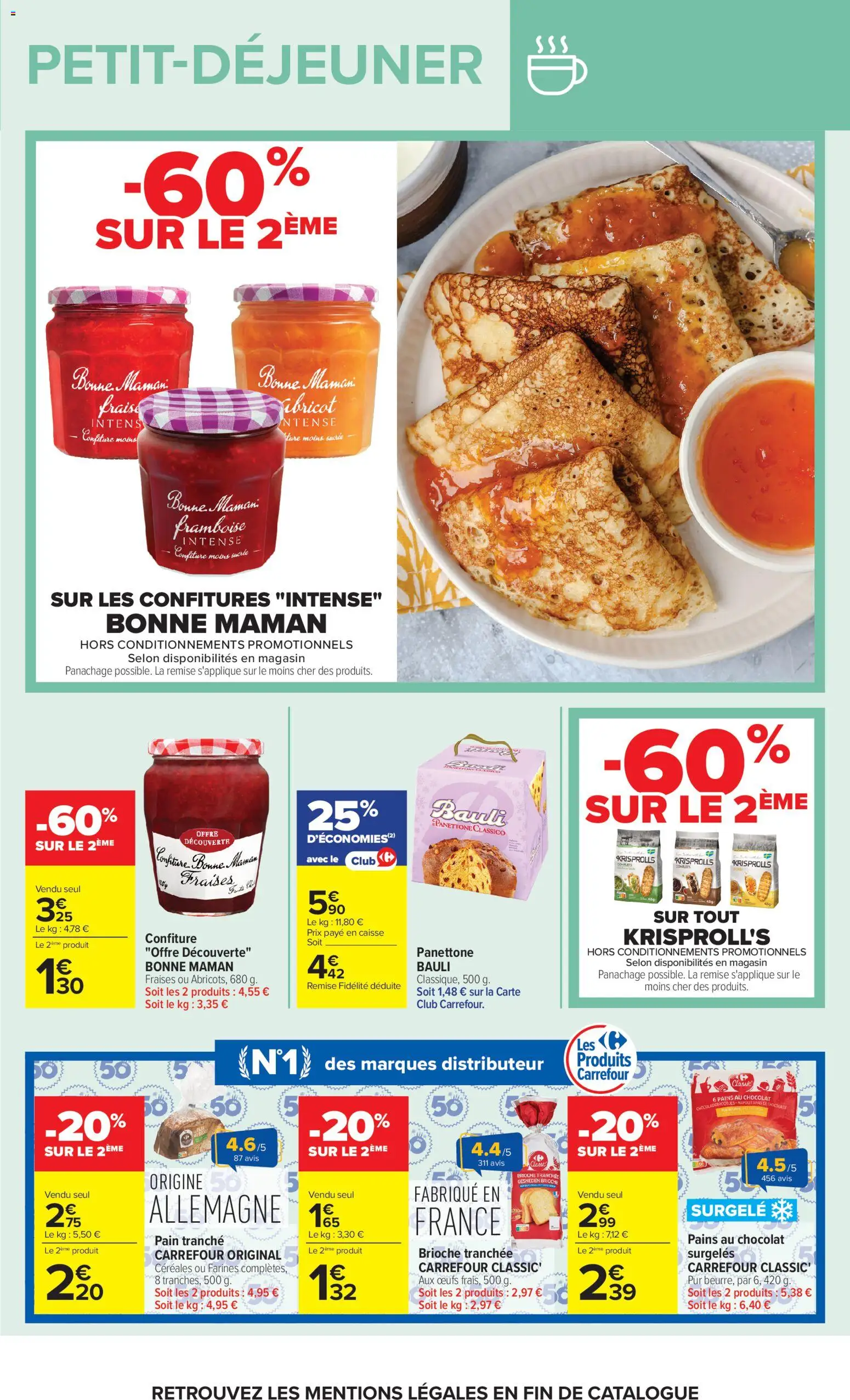Prévisualisation de Carrefour Market Petit dejeuner du magasin Carrefour Market formulaire valide 01/09/2026 - Chocolat, Pain, Fraise, Brioche, Panettone, Framboise, Céréales, Confiture Bonne Maman
