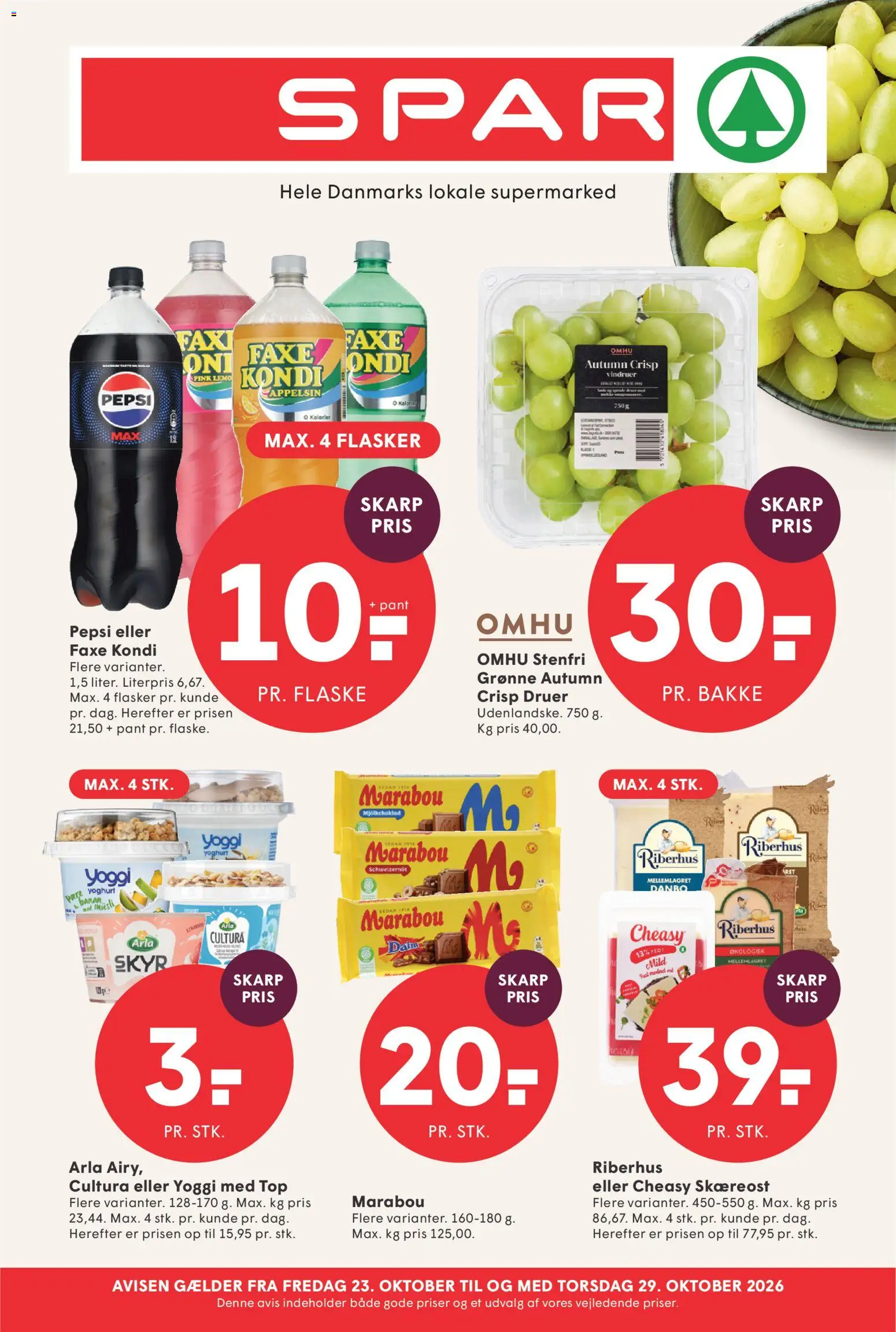 Eksempel på tilbudsavis Spar - Tilbudsavis uge 43 fra butik Spar gyldig fra 23/10/2026 - Faxe Kondi, Skyr, Yoghurt, Pepsi, Vindruer, Druer