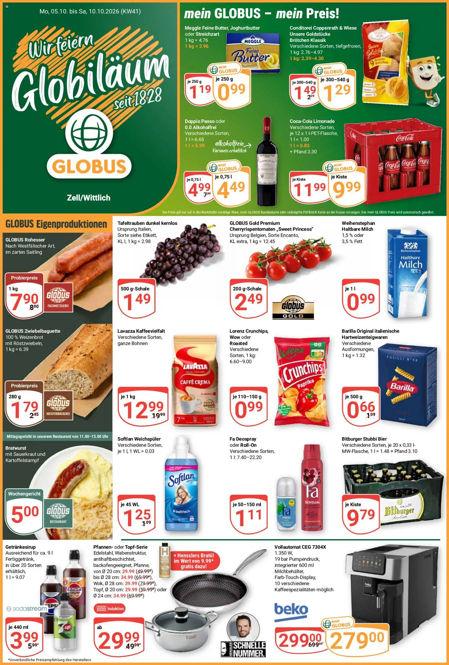 Vorschau von dem Prospekt des Geschäftes Globus, gültig ab dem 05.10.2026 - Uhr, Butter, Sodastream, Bratwurst, Paprika, Haltbare milch, Deospray, Milch 3,5%