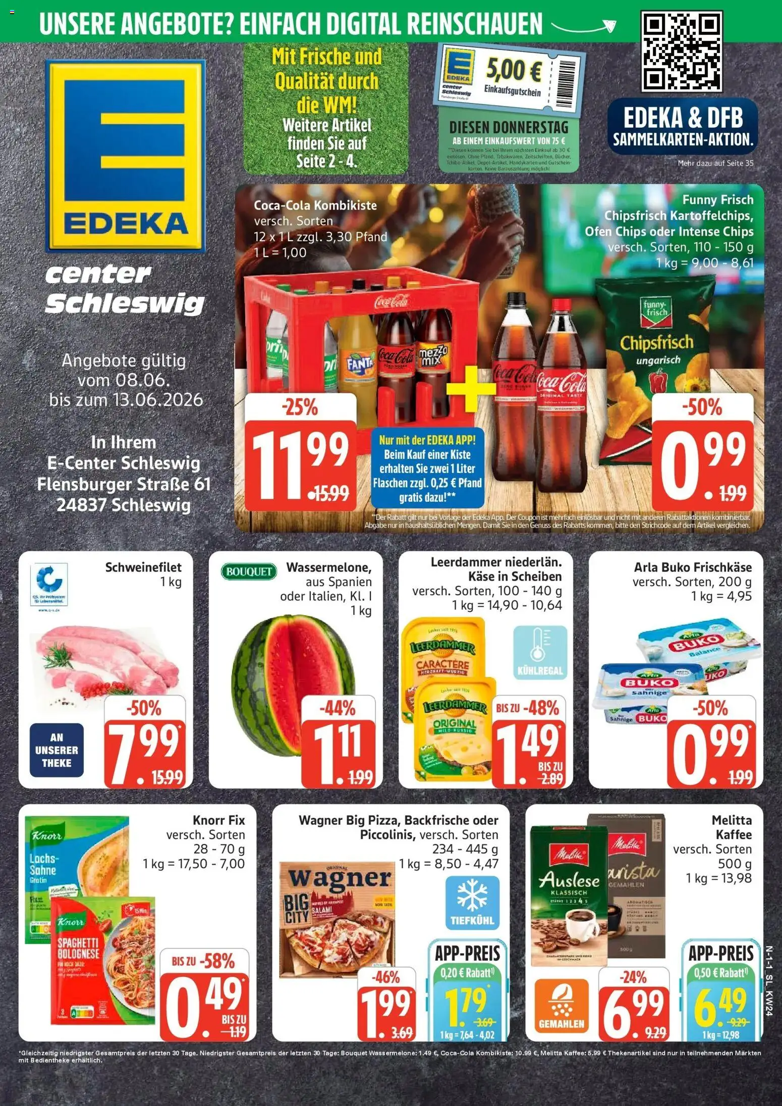 Vorschau von dem Prospekt des Geschäftes Edeka, gültig ab dem 08.06.2026 - Pizza, Flensburger, Ofen, Wassermelone, Schweinefilet, Theke, Melitta kaffee, Leerdammer