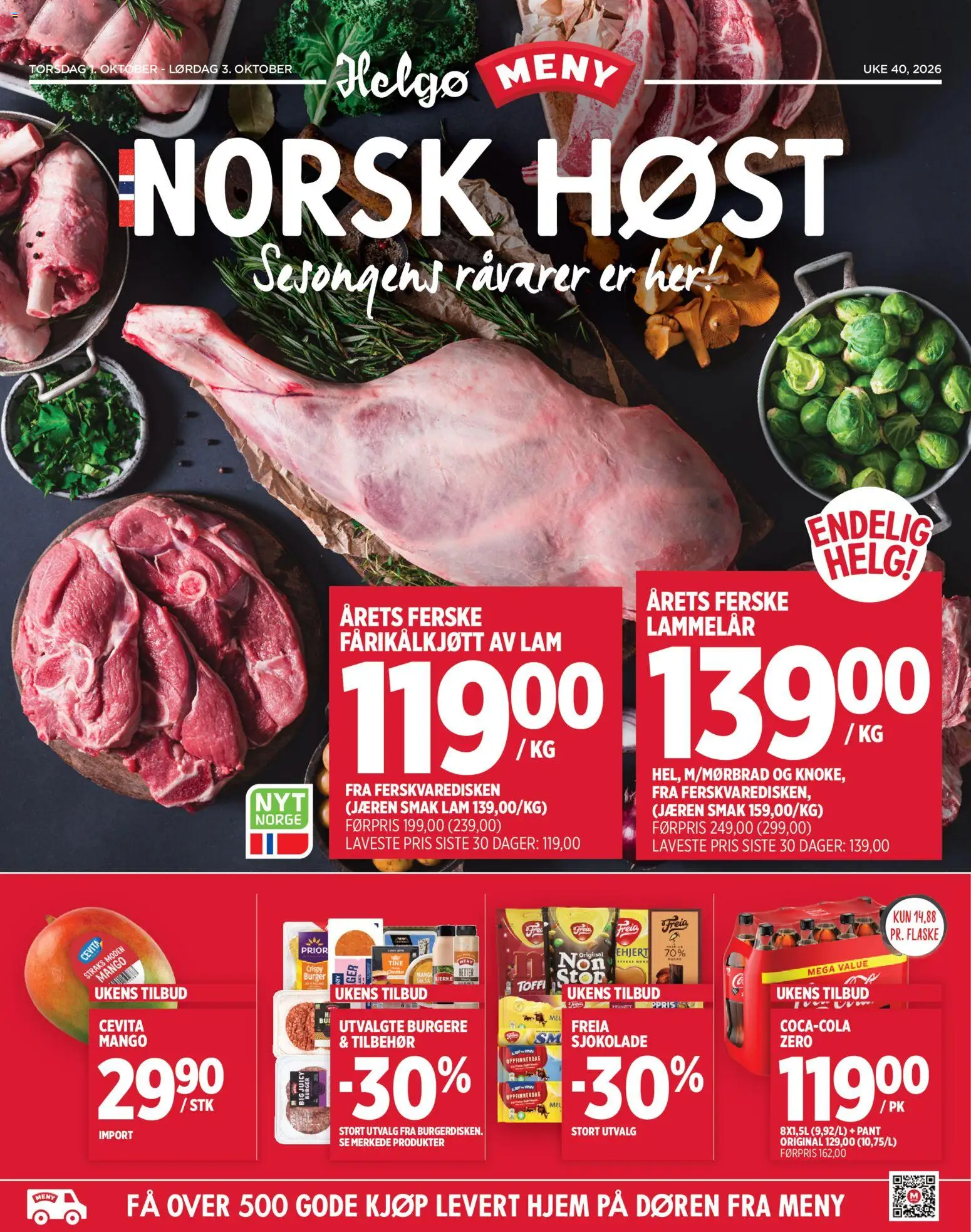 Forhåndsvis Meny Helgø kundeavis Norsk Host fra butikk Meny gyldig fra 01/10/2026 - Sjokolade, Lammelår, Fårikålkjøtt, Mango