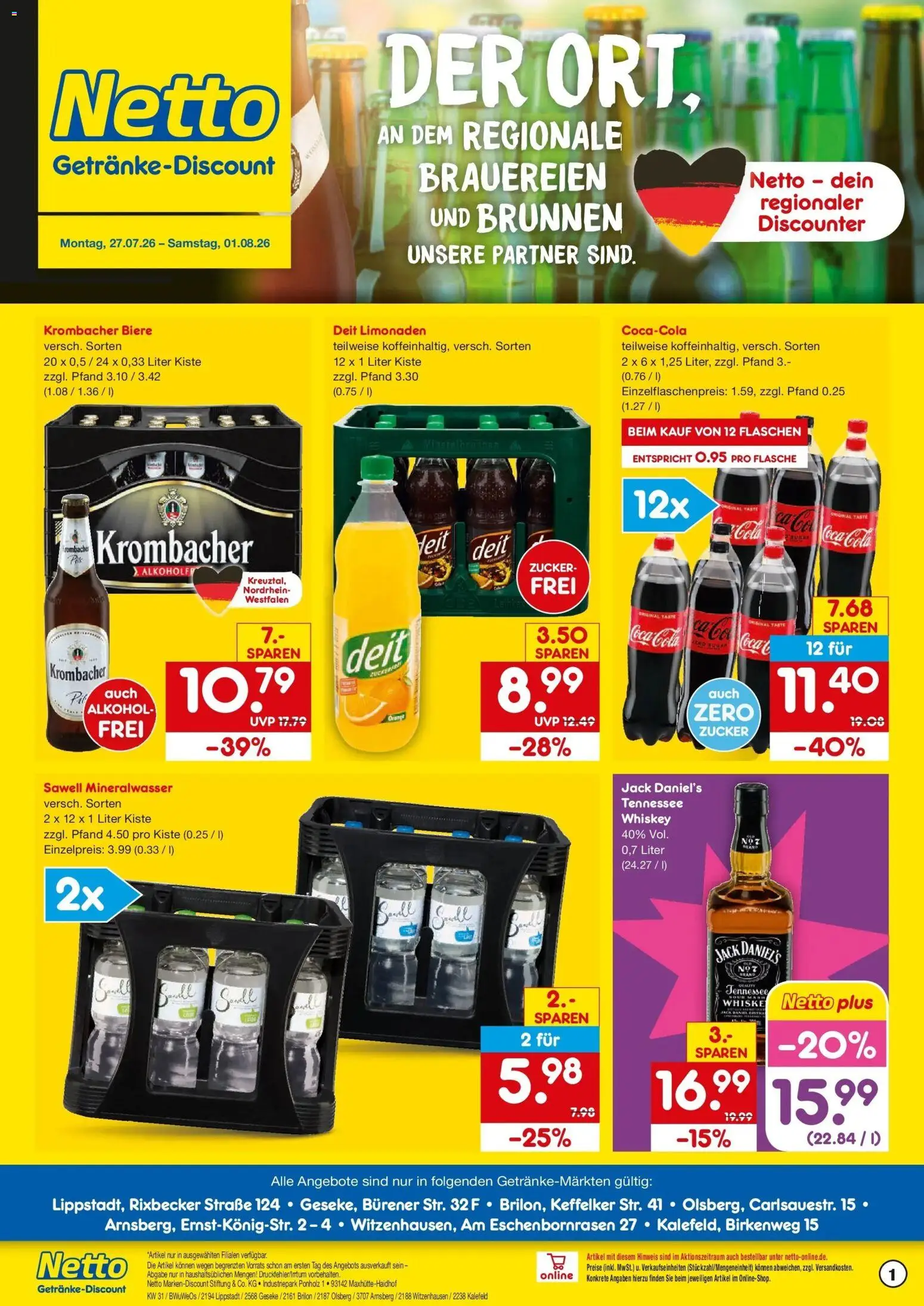 Vorschau von dem Prospekt des Geschäftes Netto Marken-Discount, gültig ab dem 27.07.2026 - Coca cola, Cola, Mineralwasser, Alkohol, Krombacher, Zucker, Whiskey, Jack Daniel's