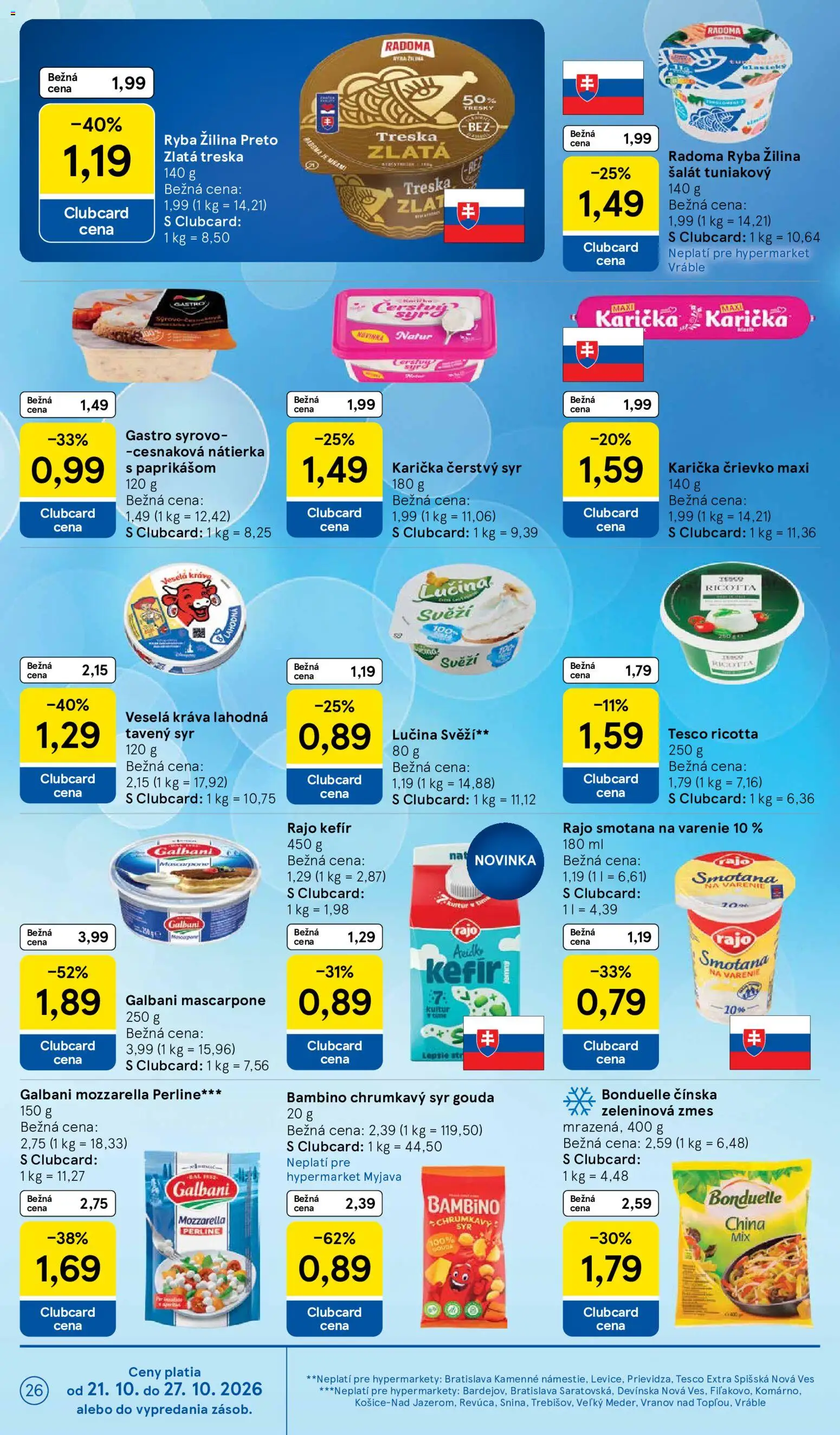 Náhľad Tesco letáku platného od 21.10.2026 - Syr, Ryba, Šalát, Mozzarella, Kefír, Treska, Gouda, Syr Gouda