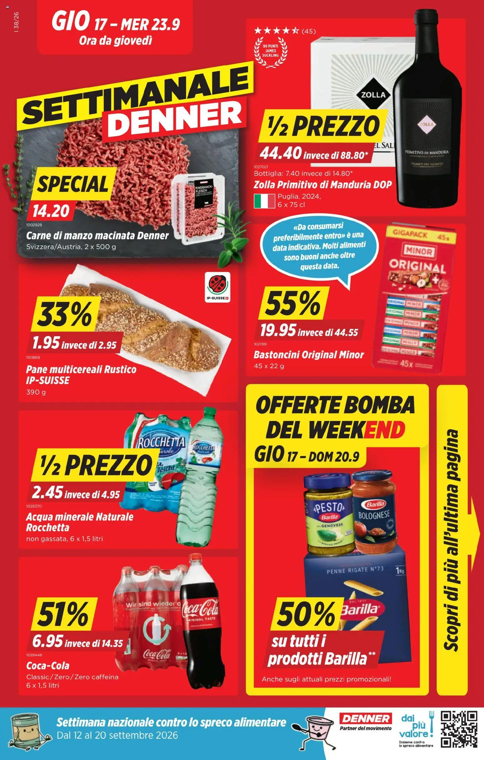 Vorschau des Merkblatts Denner aktionen IT vom Shop Denner gültig von 17.09.2026 bis 23.09.2026 - Pasta, Coca Cola, Barilla, Pane