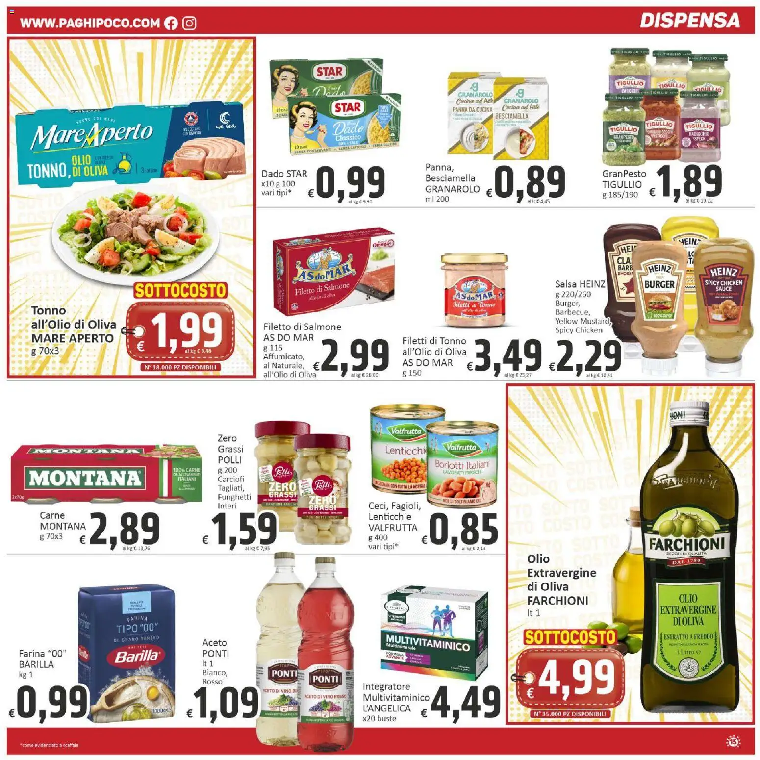 Anteprima dell'opuscolo Paghi Poco volantino dal negozio Paghi Poco valido da 23/10/2026 - Besciamella, Carciofi, Salmone, Tonno, Pistacchi, Scaffale, Aceto, Polli
