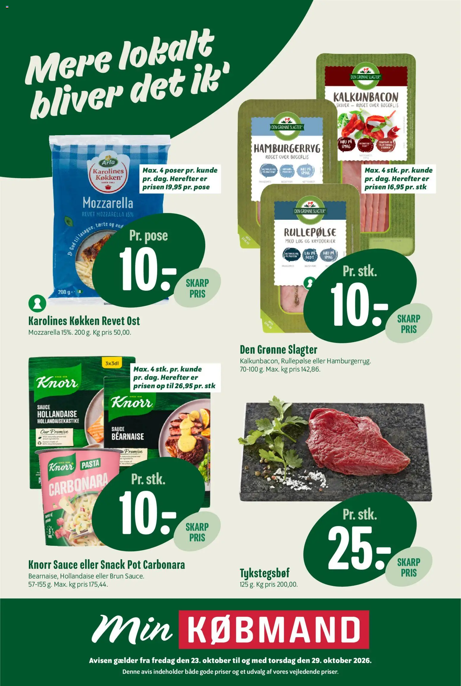 Eksempel på tilbudsavis Min Købmand - Tilbudsavis uge 44 fra butik Min Købmand gyldig fra 23/10/2026 - Pasta, Hamburgerryg, Ost, Mozzarella, Løg, Rullepølse
