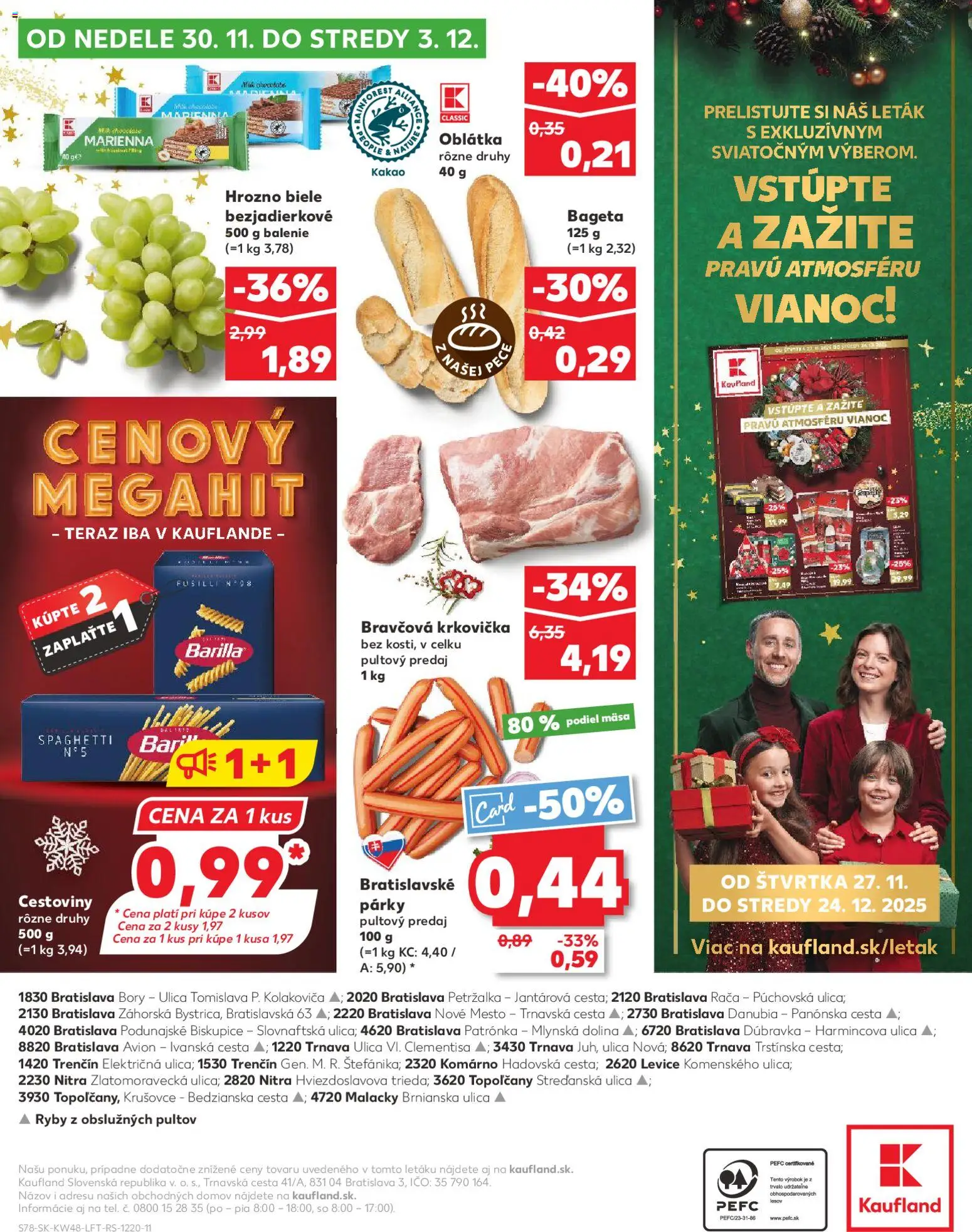 Náhľad Kaufland letáku platného od 27.11.2025 - Cestoviny, Ryby, Krkovička, Fusilli, Hrozno, Kakao, Párky, Bravčová krkovička