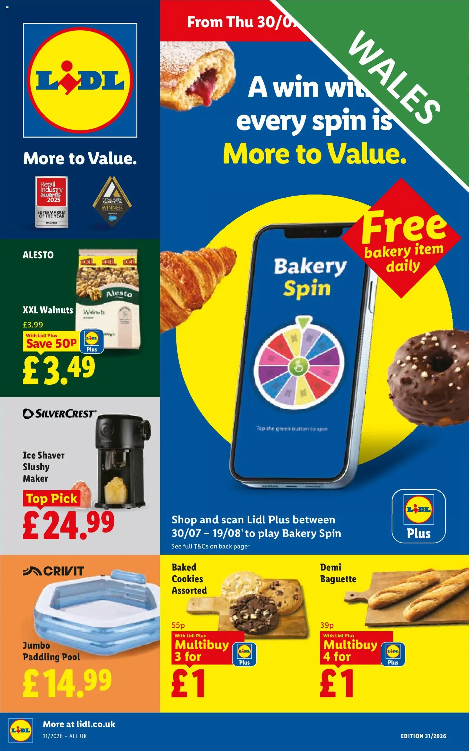 Preview of Lidl Weekly offers Wales valid from 30/07/2026 - Bakery, Cookies, Ice, Walnuts, Baguette