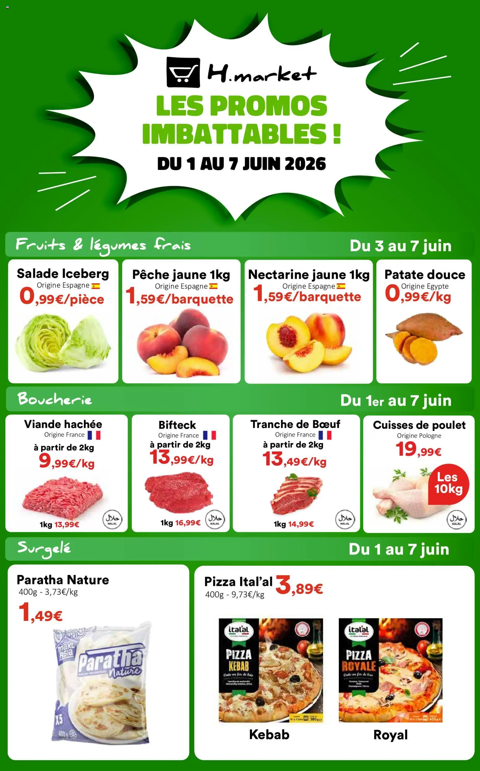 Prévisualisation de Hmarket catalogue du magasin Hmarket formulaire valide 01/06/2026 - Pizza, Fruits, Patate douce, Pêche, Viande, Nectarine, Cuisses de poulet, Bifteck