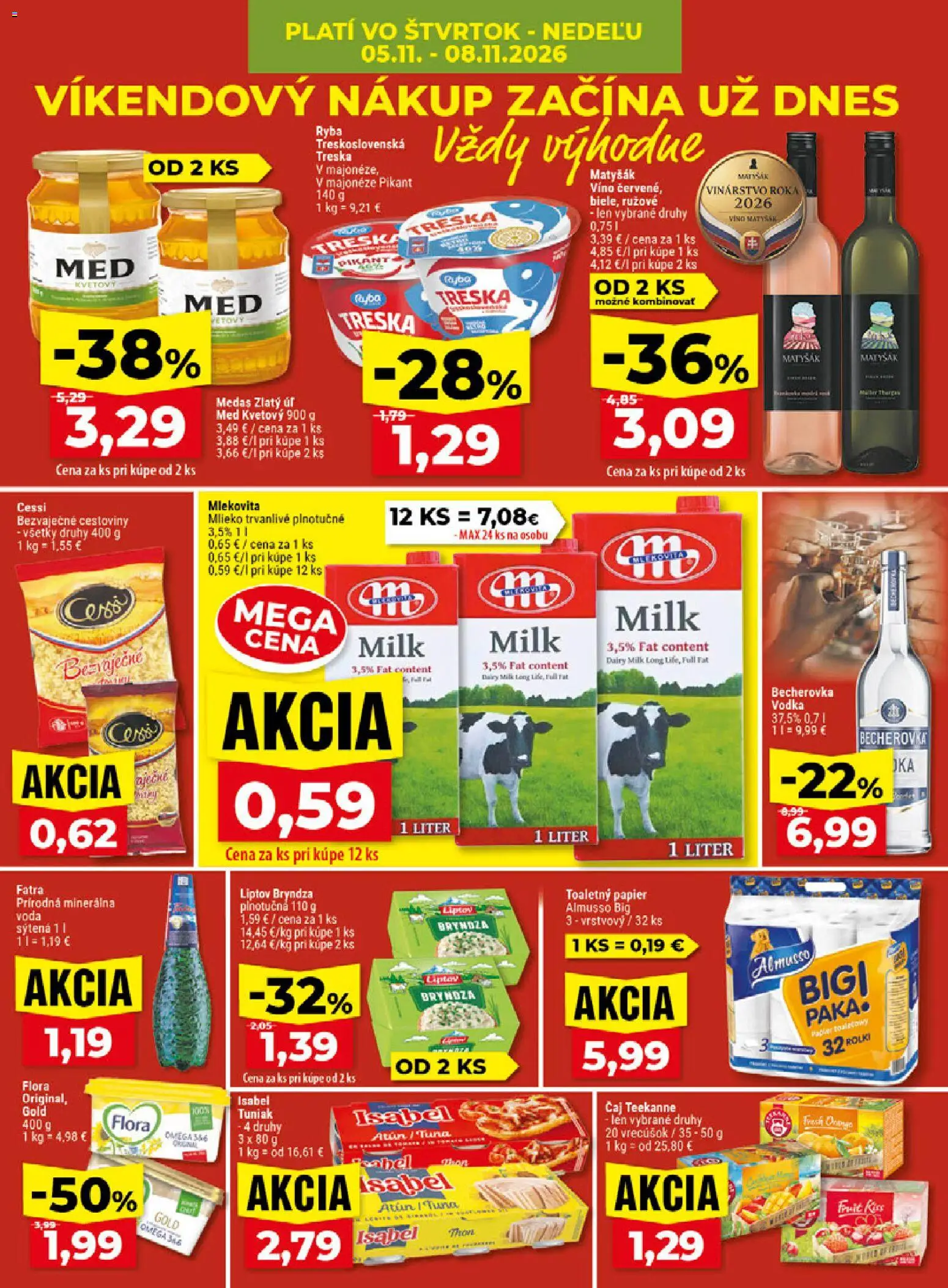 Náhľad Klas letáku platného od 02.11.2026 - Voda, Víno, Vodka, Mlieko, Čaj, Flora, Treska, Tuniak