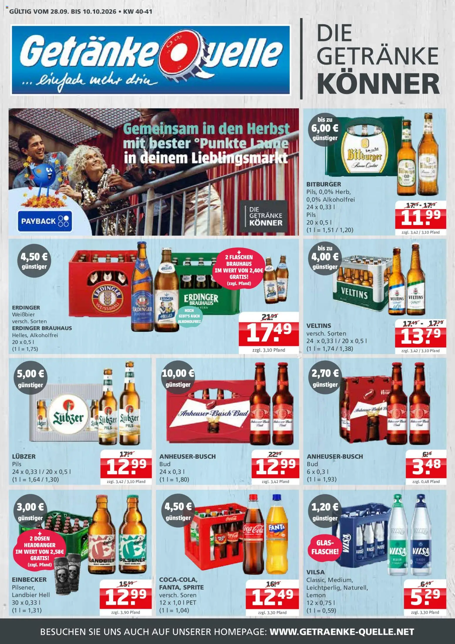 Vorschau von dem Prospekt des Geschäftes Getränke Quelle, gültig ab dem 28.09.2026 - Veltins, Bitburger, Sprite, Erdinger, Weißbier, Pils, Lubzer