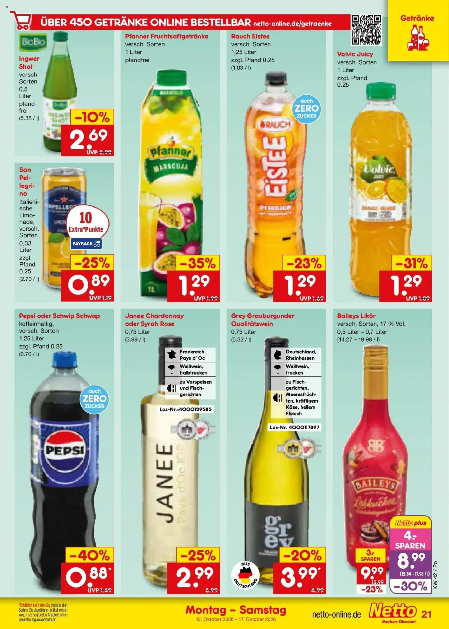 Vorschau von dem Prospekt des Geschäftes Netto Marken-Discount, gültig ab dem 12.10.2026 - Fisch, Baileys, Fleisch, Zucker, Pepsi, Volvic, Likör, Schwip schwap