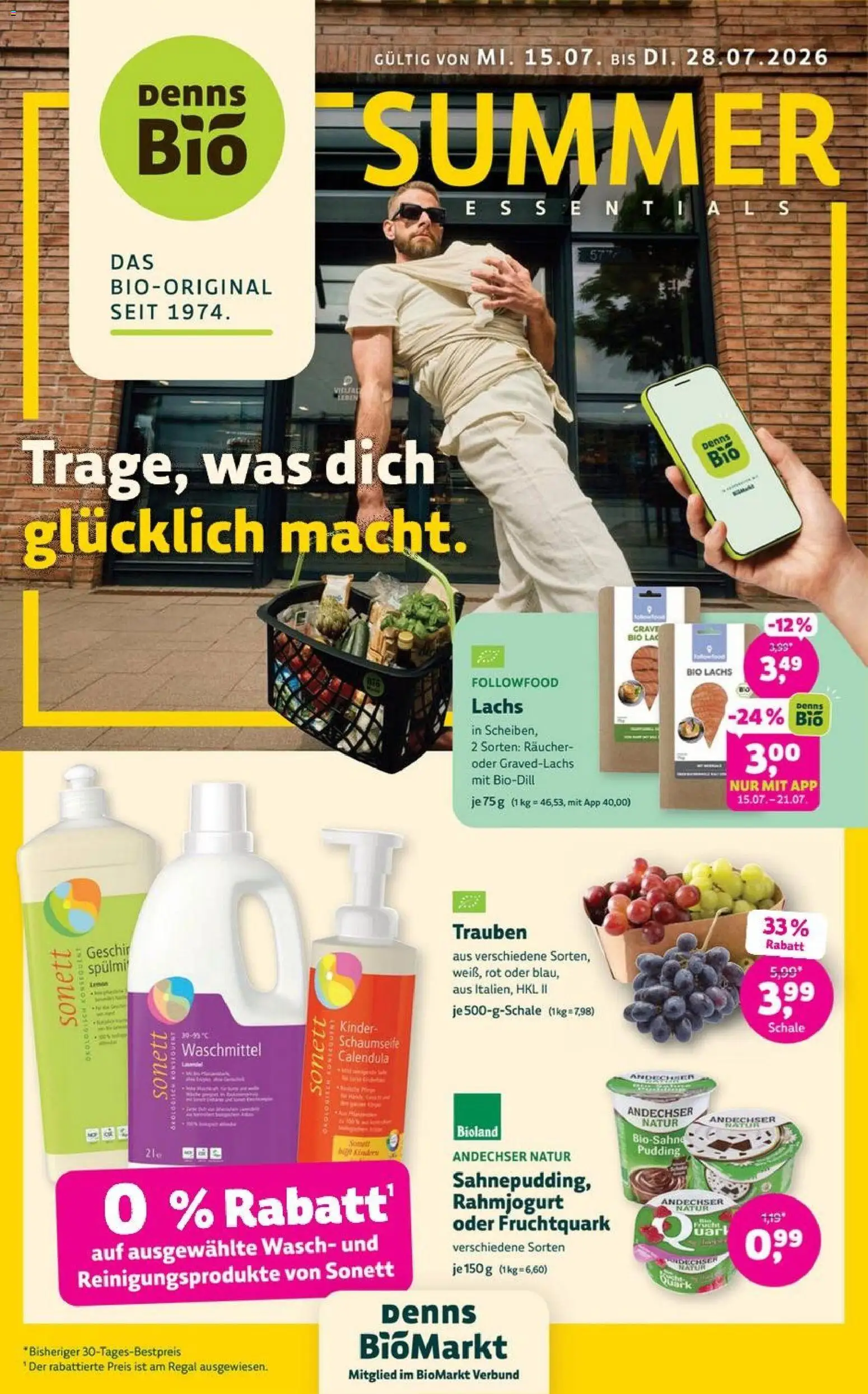 Vorschau von dem Prospekt des Geschäftes Denns BioMarkt, gültig ab dem 15.07.2026 - Lavendel, Quark, Regal, Lachs, Trauben, Pudding, Waschmittel