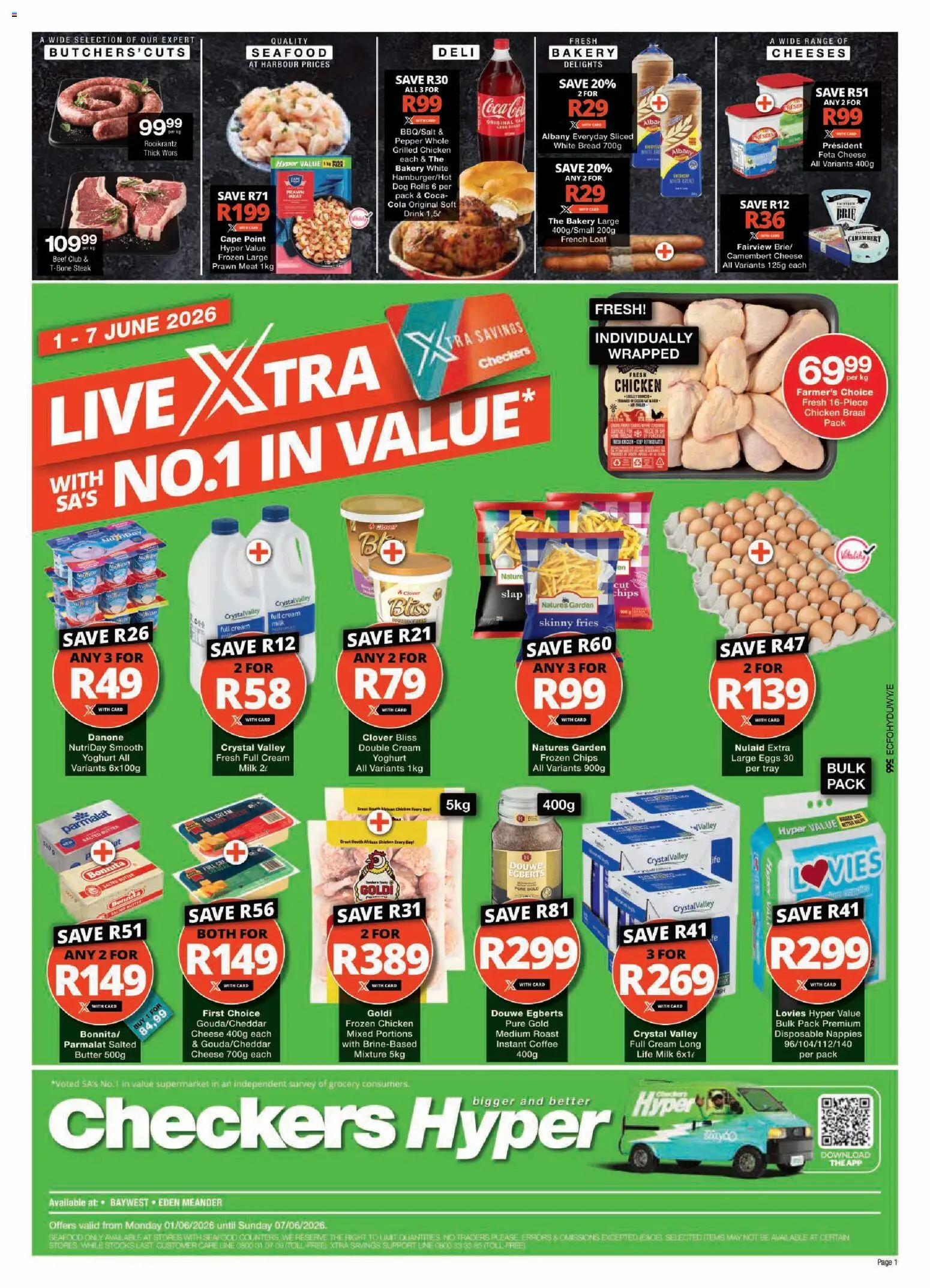 Preview of Checkers flyer valid from 01/06/2026 - Eggs, Butter, Seafood, Chips, Cream, Tray, Pepper, Feta cheese