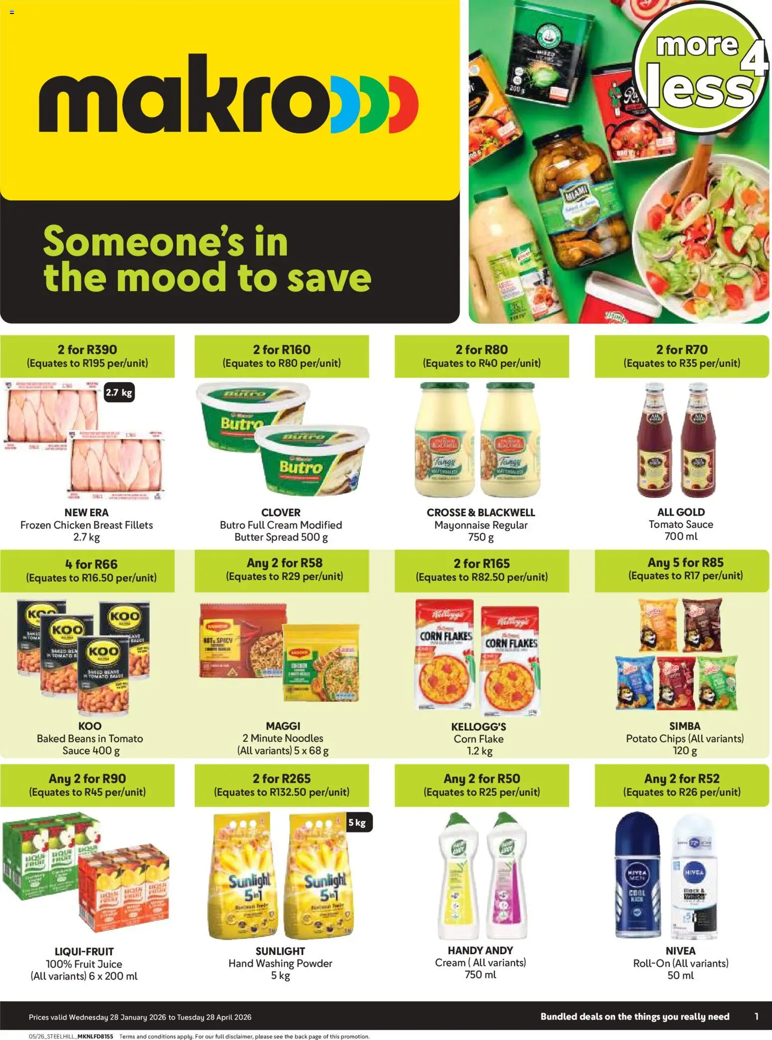 Preview of Makro flyer valid from 28/01/2026 - Juice, Chips, Mayonnaise, Baked beans, Sauce, Powder, Spread, Frozen chicken