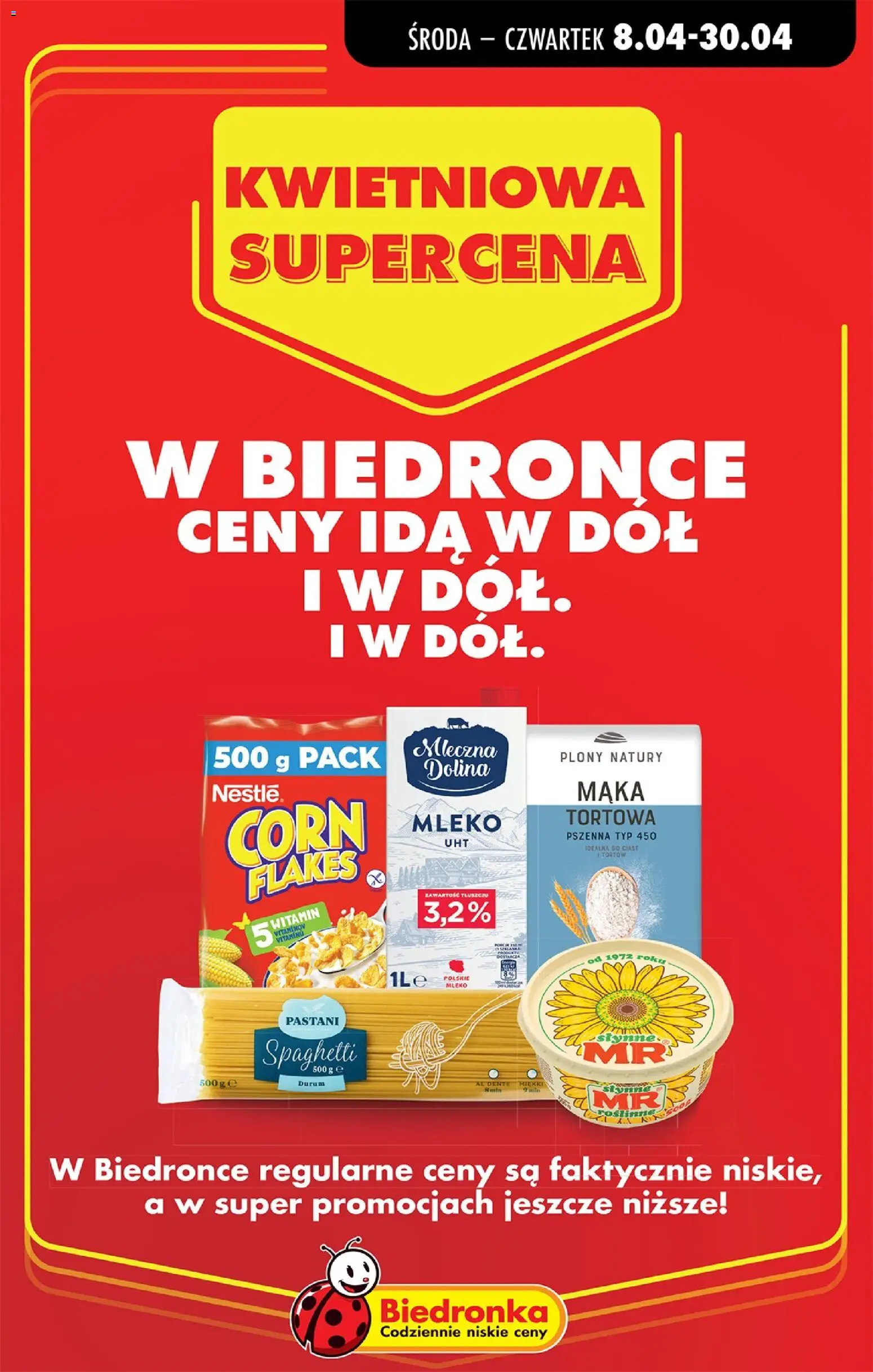 Pogląd gazetki "Biedronka gazetka - Kwietniowa promocja" ze sklepu Biedronka ważnej od 08.04.2026 - Mleko, Pasta, Spaghetti, Mąka, Mleko UHT, Płatki, Corn Flakes, Mąka tortowa
