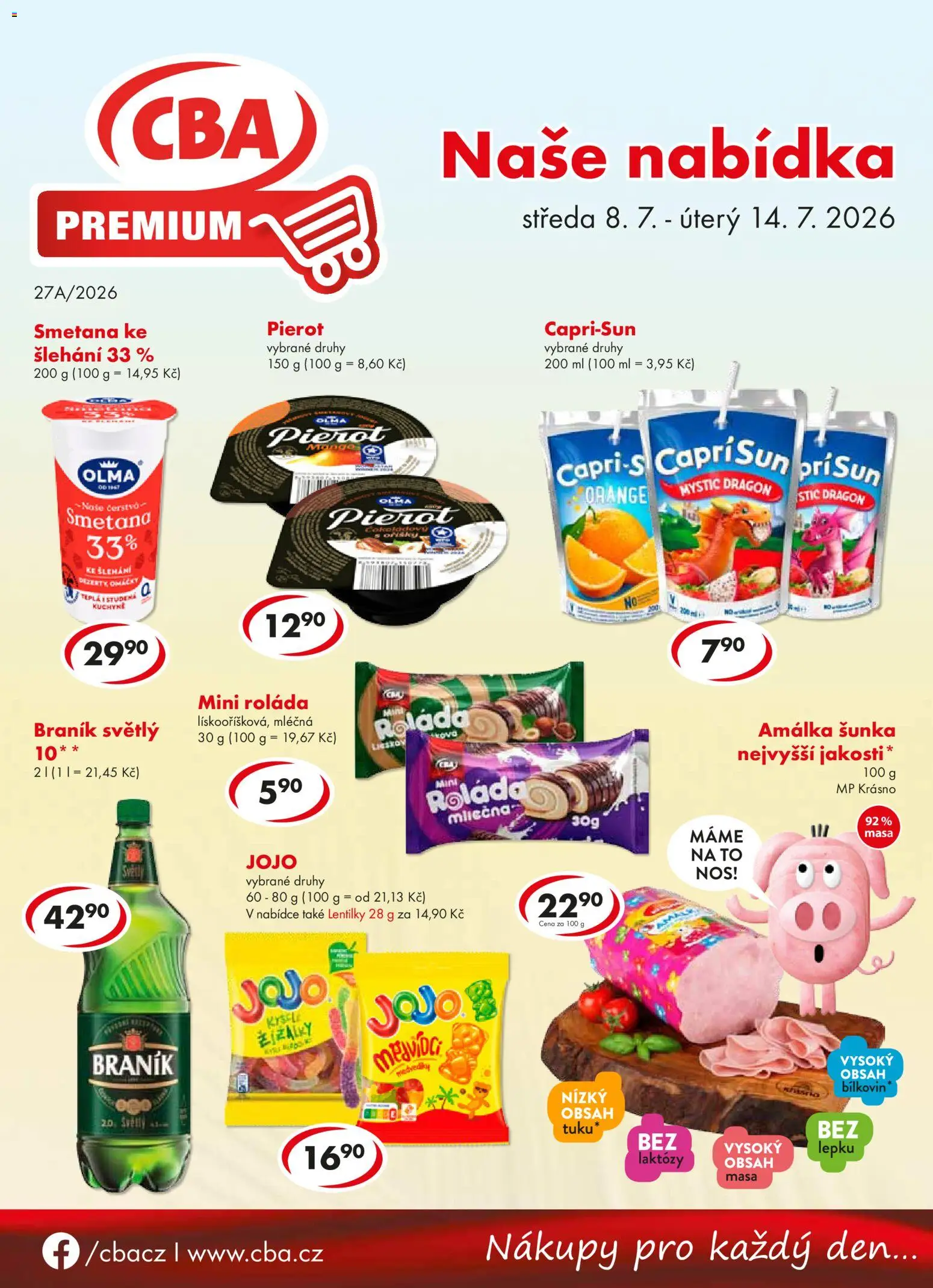 Náhled nabídky: CBA CBA leták - Premium platný od 08.07.2026 - Kuchyně, Braník, Smetana, Jojo, Šunka, Omáčky, Dezerty, Lentilky