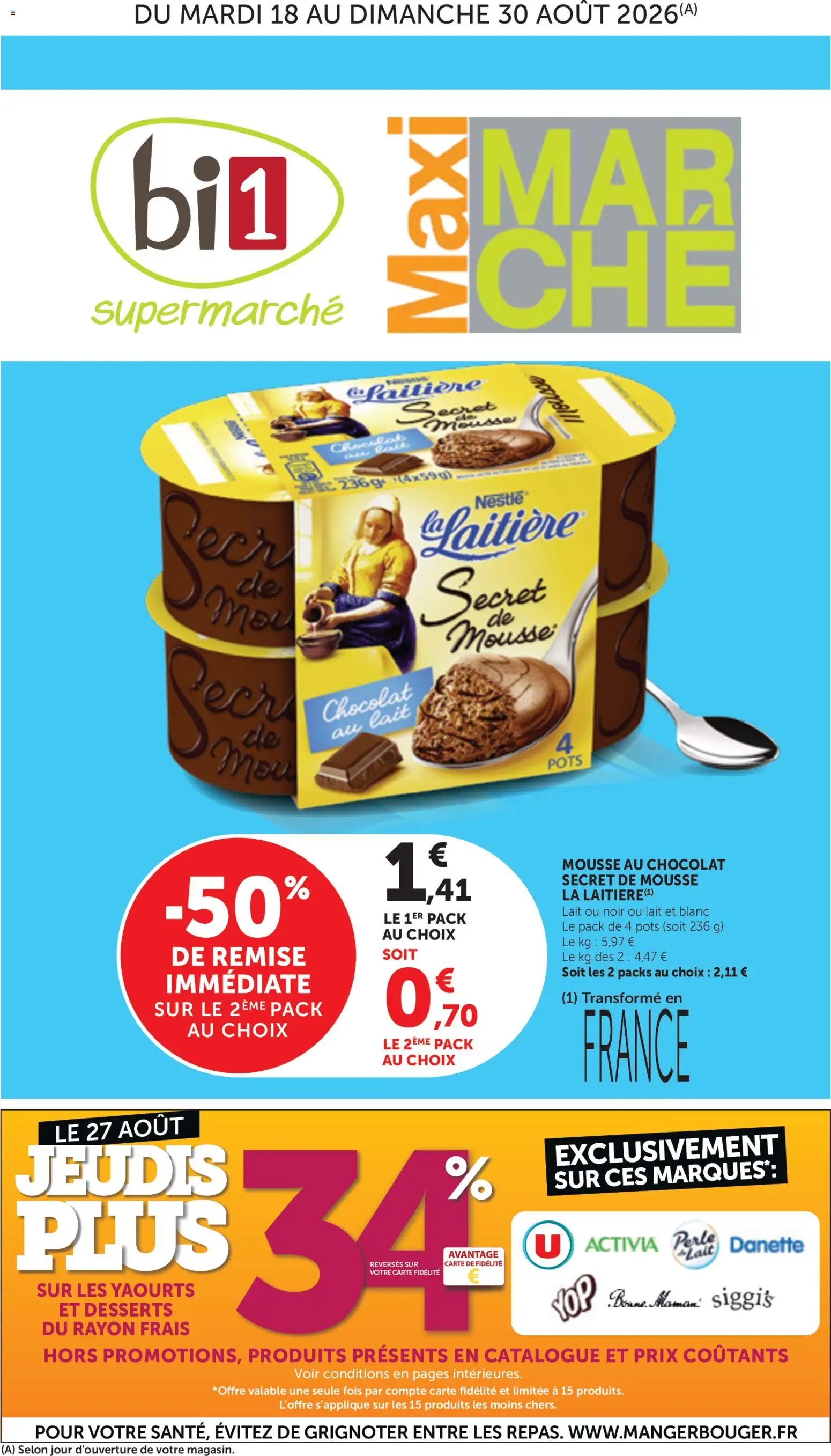 Prévisualisation de bi1 Catalogue Maxi du magasin bi1 formulaire valide 18/08/2026 - Mousse au chocolat, Chocolat, Lait, Mousse, Chocolat au lait, Yaourts
