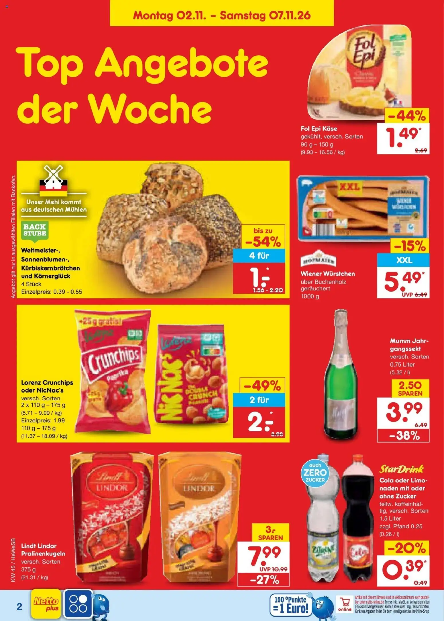 Vorschau von dem Prospekt des Geschäftes Netto Marken-Discount, gültig ab dem 02.11.2026 - Käse, Lindt, Top, Mehl, Zucker, Lindor, Lorenz crunchips, Wiener wurstchen