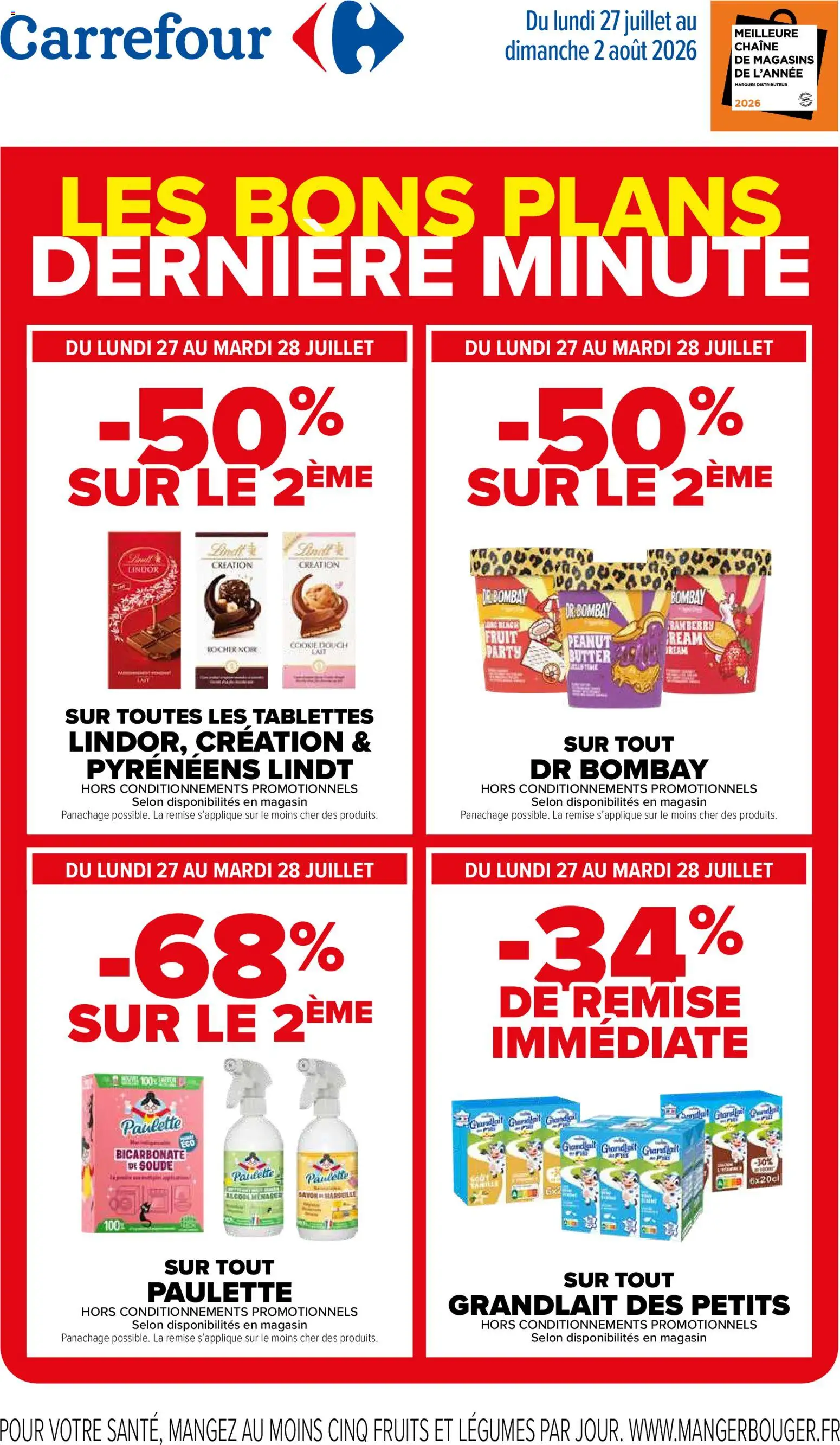 Prévisualisation de Carrefour Les bons plans derniere minute du magasin Carrefour formulaire valide 27/07/2026 - Distributeur, Fruits, Bicarbonate de soude, Lindt, Soda, Alcool ménager, Savon, Cookie dough