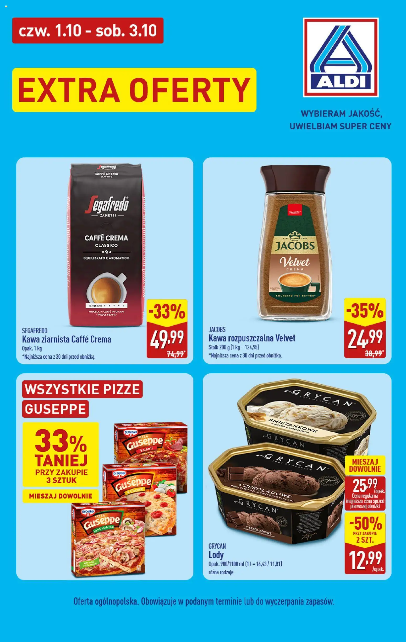 Pogląd gazetki "Aldi gazetka - Extra oferty" ze sklepu Aldi ważnej od 01.10.2026 - Pizza, Lody, Kawa, Czekolady, Jacobs, Kawa ziarnista, Kawa rozpuszczalna, Salami