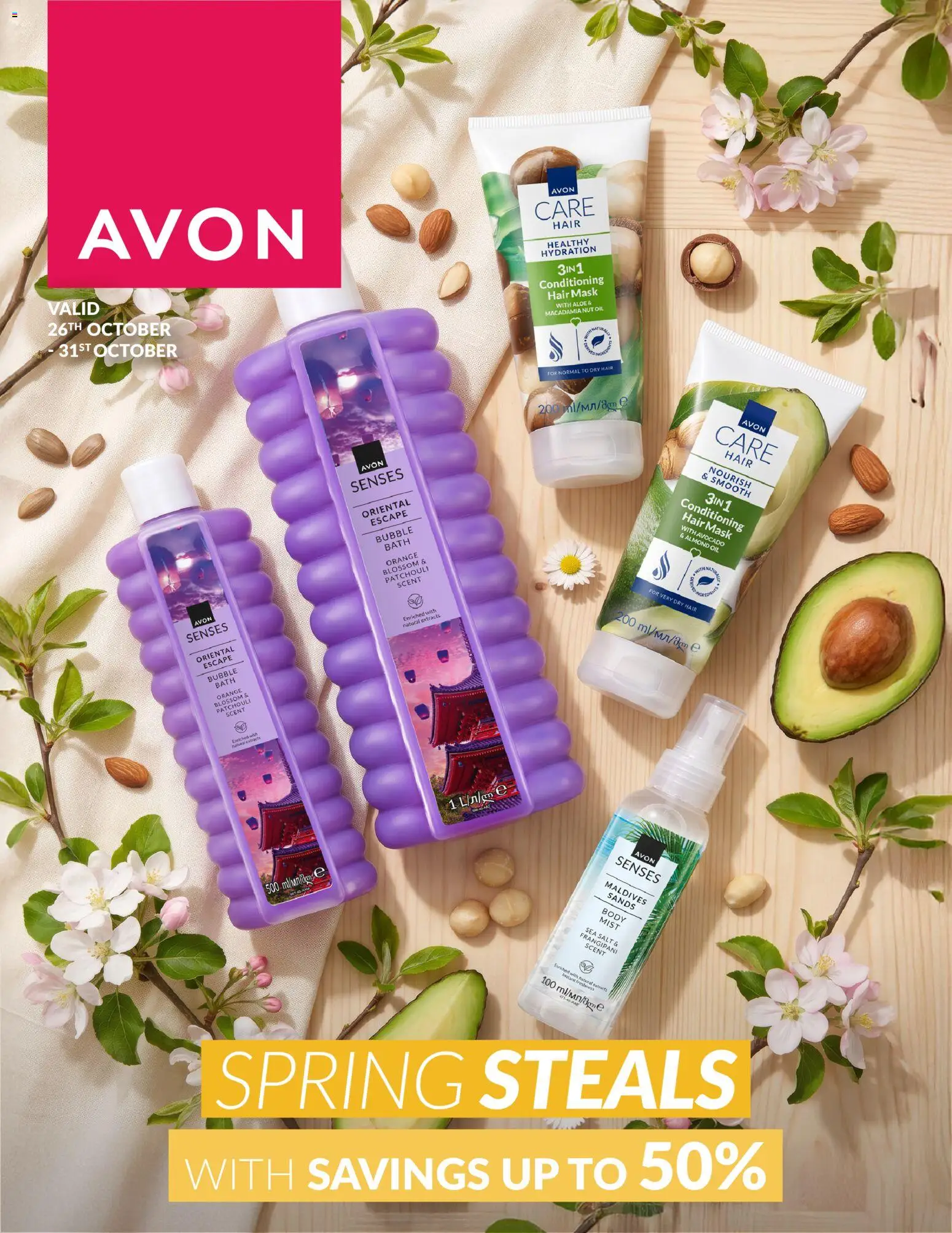 Preview of Avon flyer valid from 26/10/2026 - Salt, Avocado, Oil, Bath, Mask, Hair mask