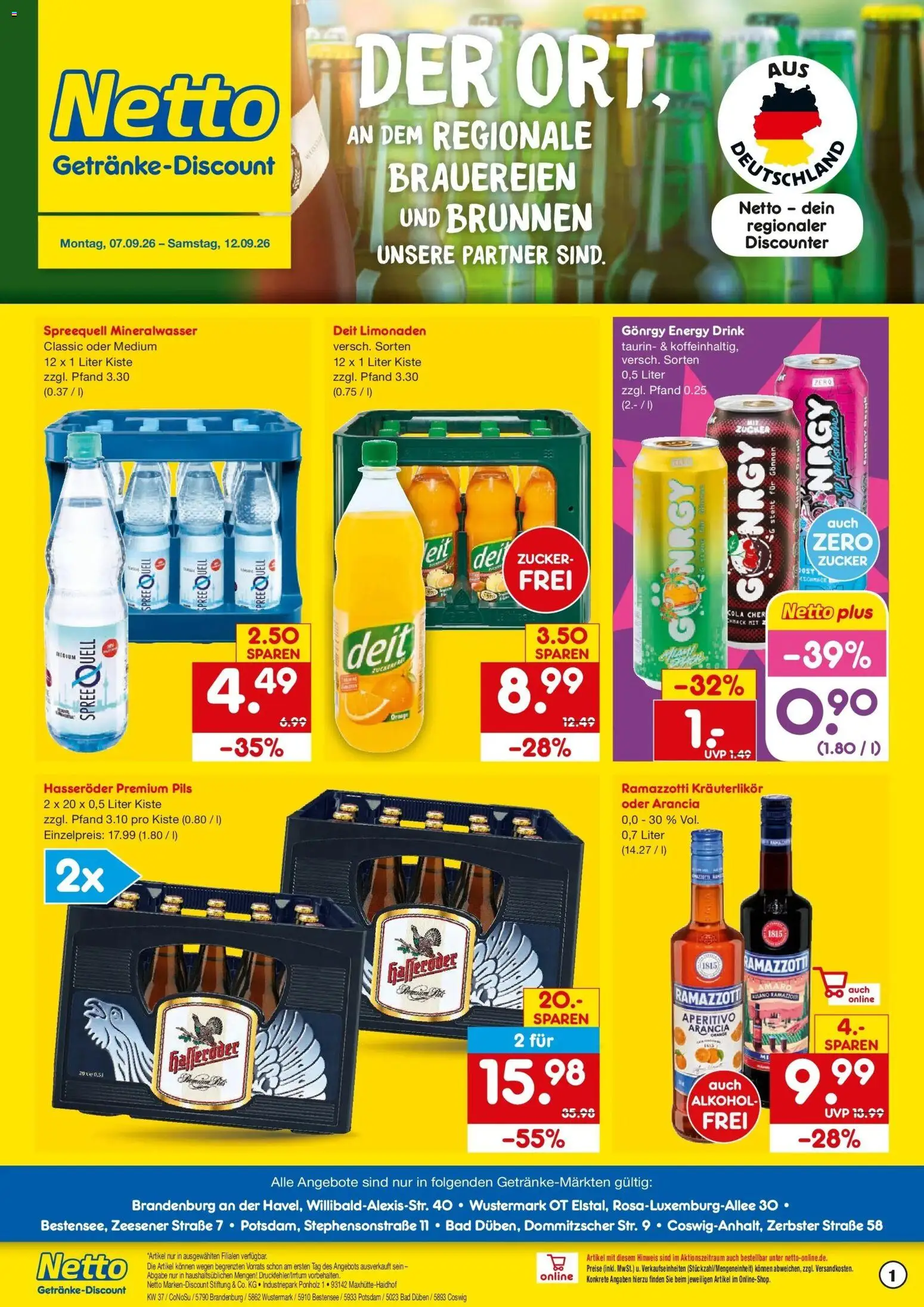 Vorschau von dem Prospekt des Geschäftes Netto Marken-Discount, gültig ab dem 07.09.2026 - Bad, Cola, Mineralwasser, Alkohol, Zucker, Rama, Hasseröder, Pils